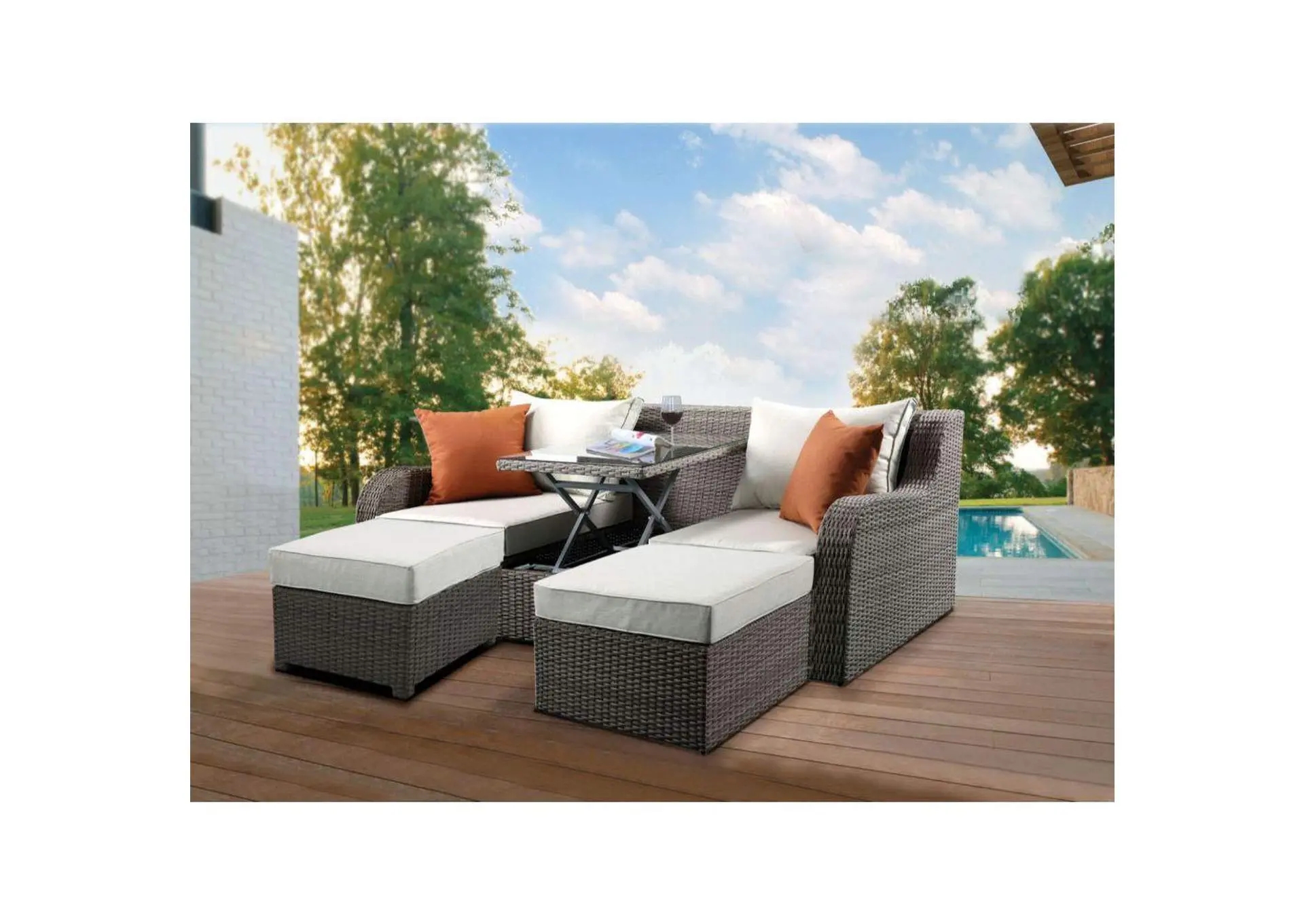 Salena Patio Sofa with 2 Pillows and 2 Ottomans