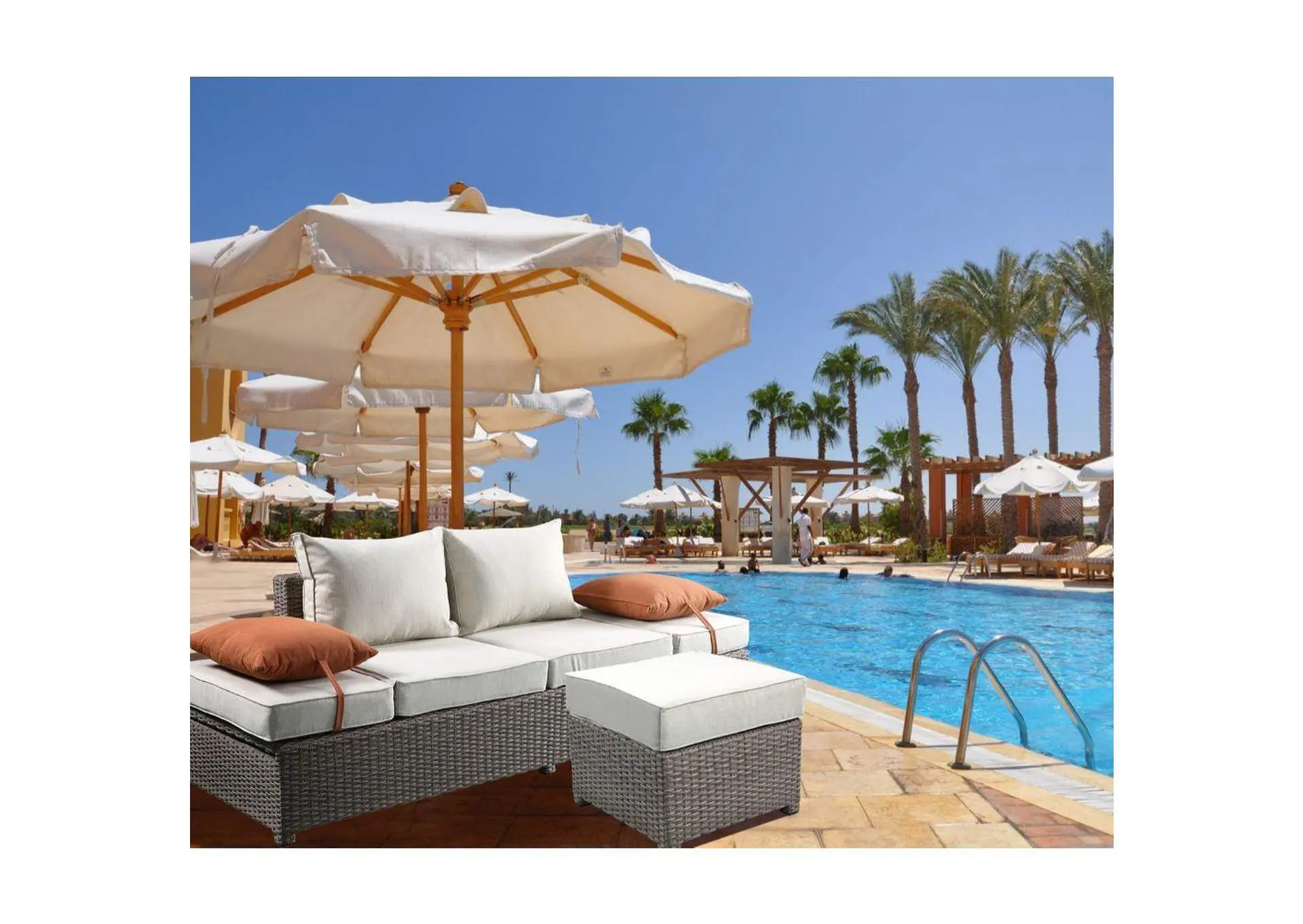 Salena Patio Sofa with 2 Pillows and Ottoman