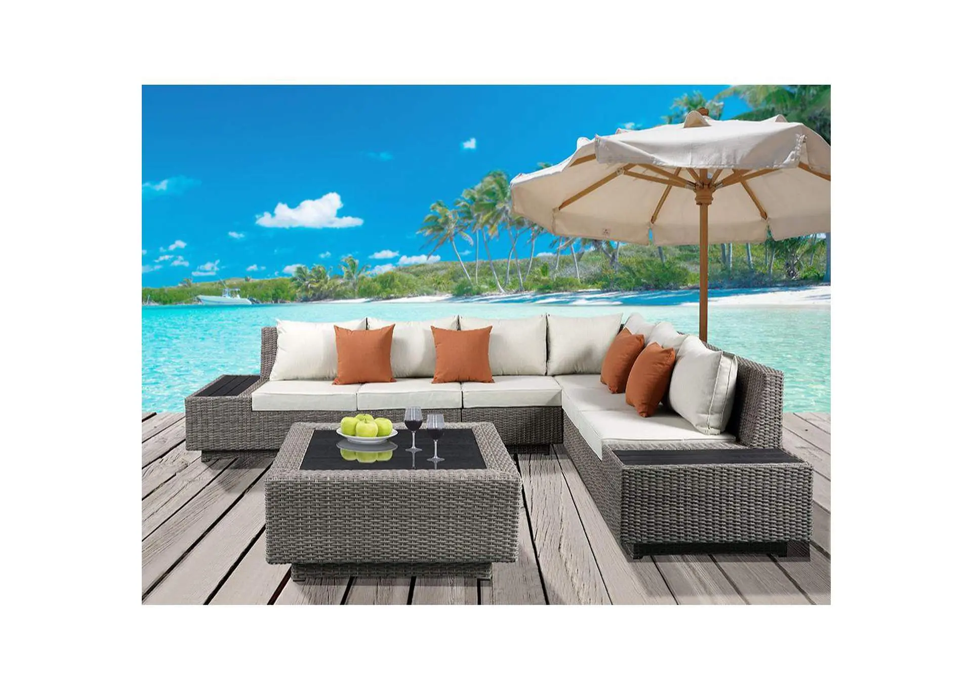 Salena Patio Sectional Sofa with 4 Pillows and Coffee Table — view 9