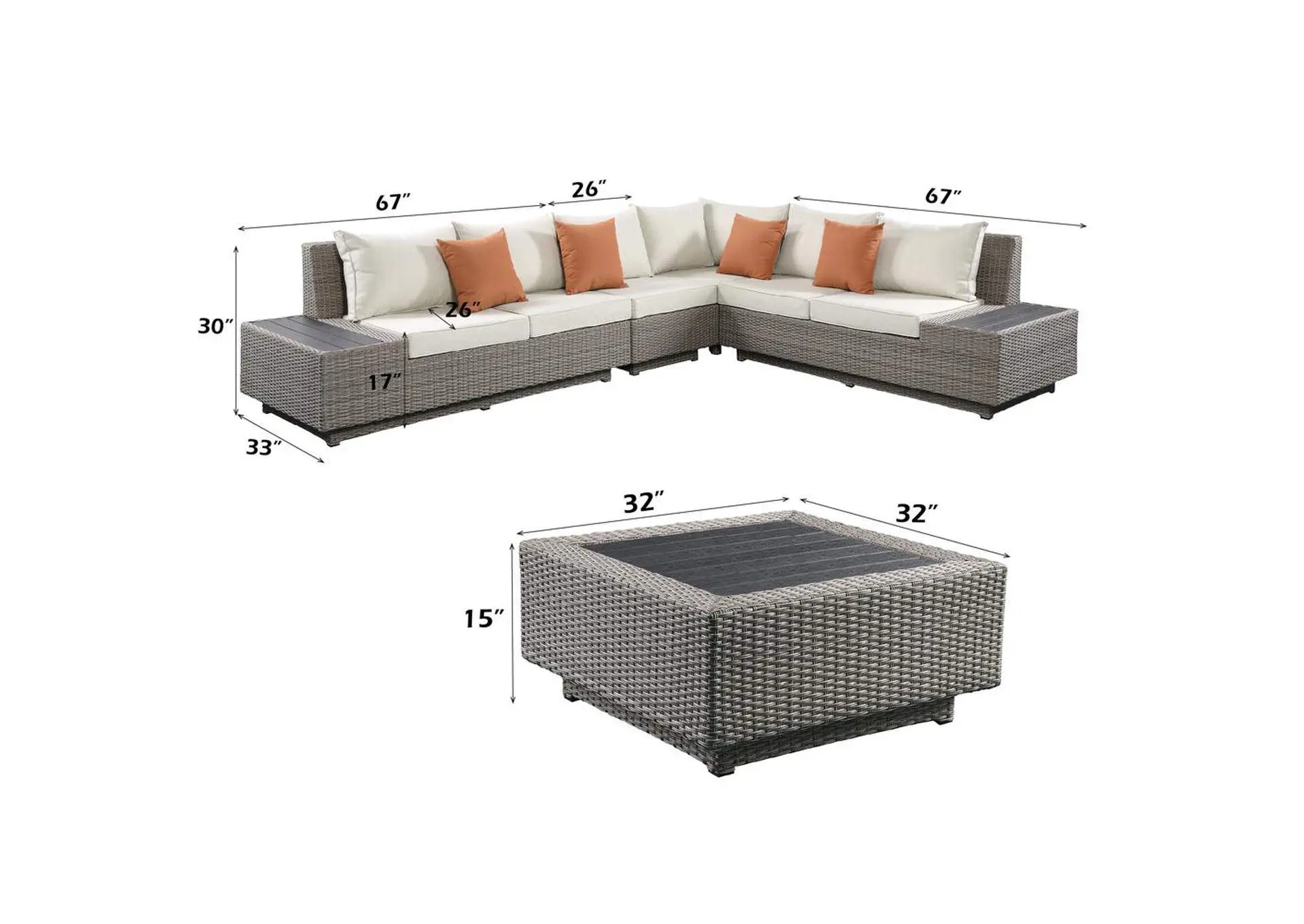 Salena Patio Sectional Sofa with 4 Pillows and Coffee Table — view 10