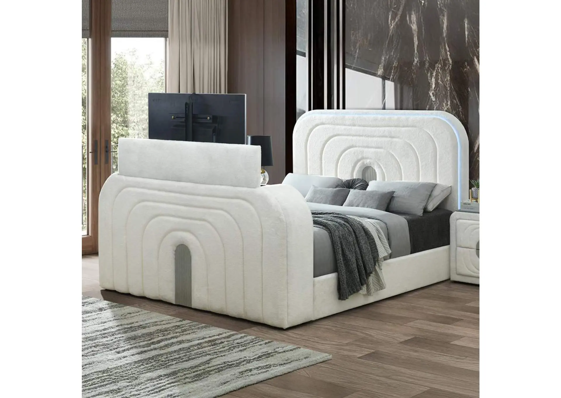 Shelyn Ek Bed with Led, TV Cabinet, Fireplace and Bluetooth