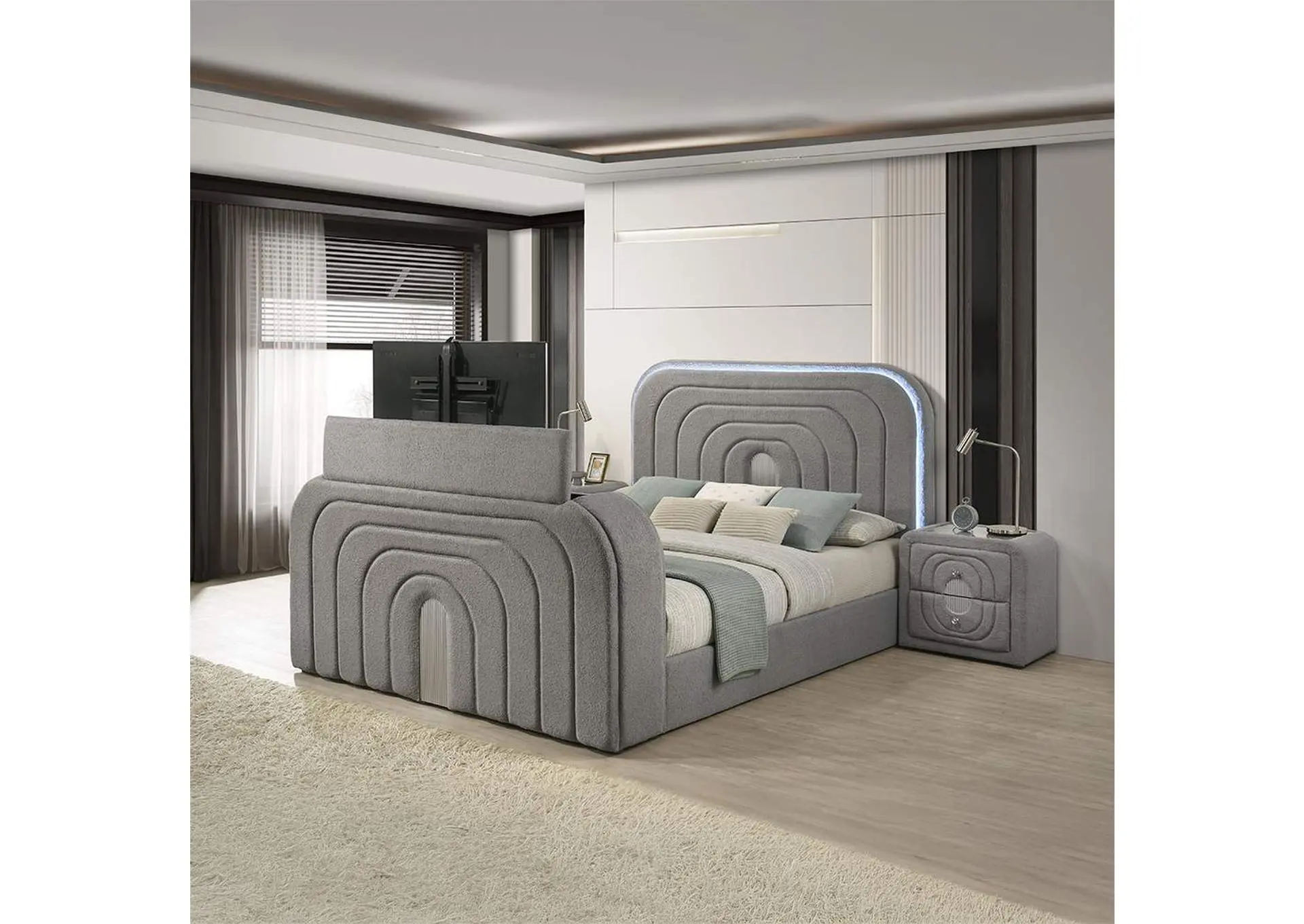 Shelyn Ek Bed with Led, TV Stand, Fireplace and Bluetooth
