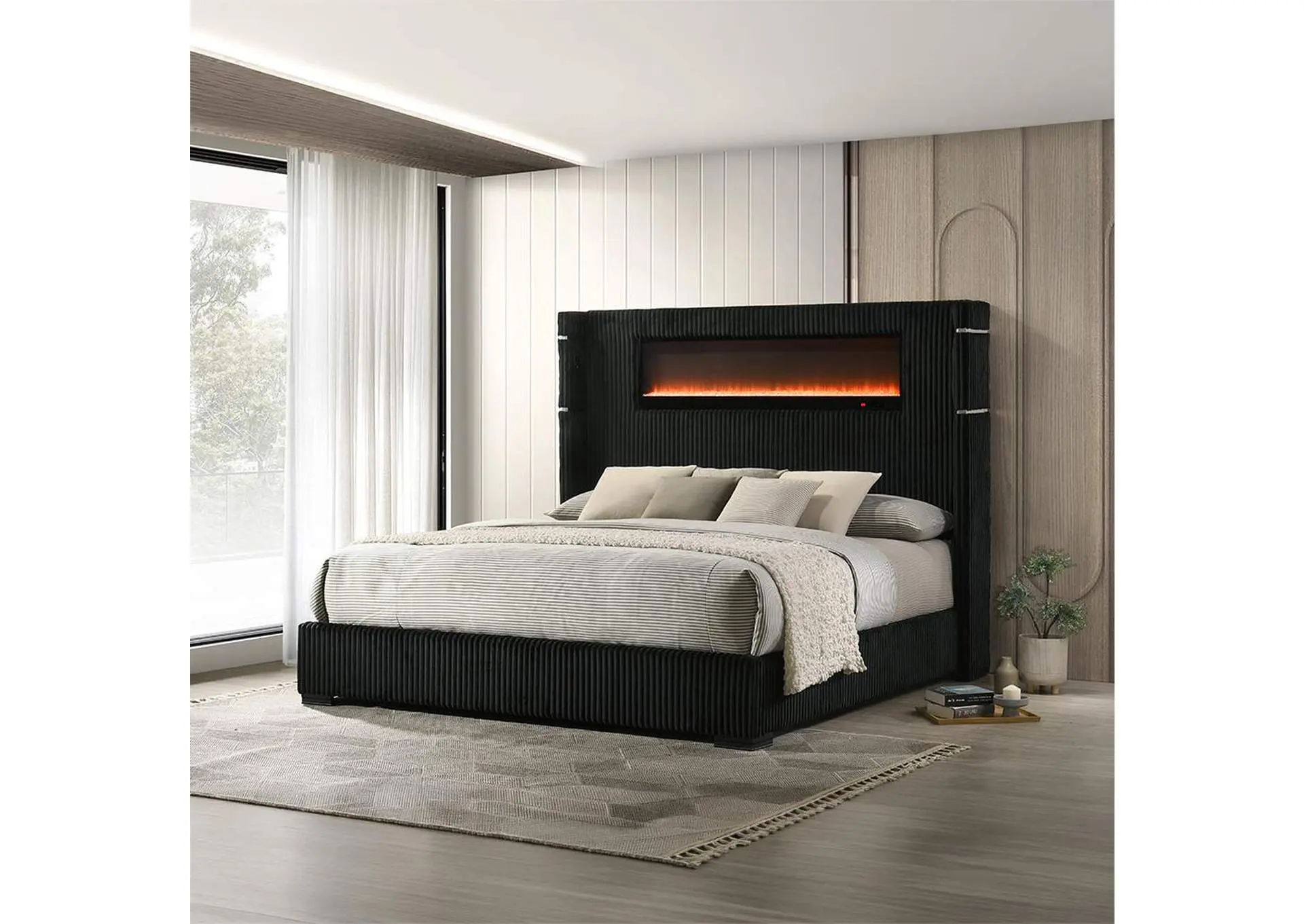Garner Queen Bed with Fireplace, Led, Reading Light, Speaker, Bluetooth and USB