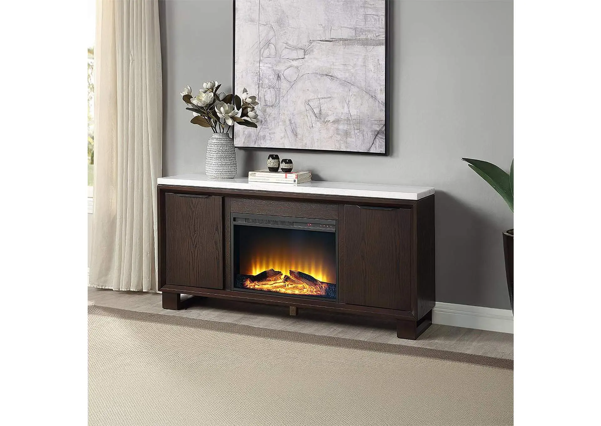 Edwyn Server with Natural Marble Top and Fireplace