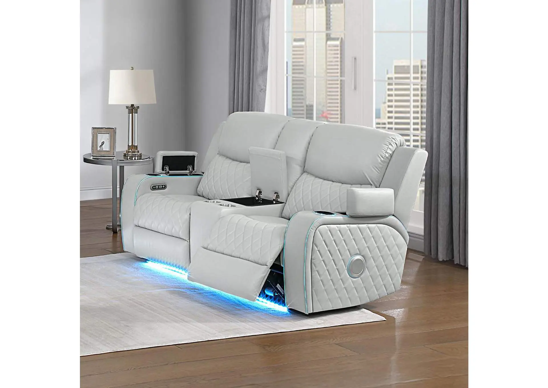 Elonzo Power Motion Loveseat with Console, Led, Power Headrest and Speaker