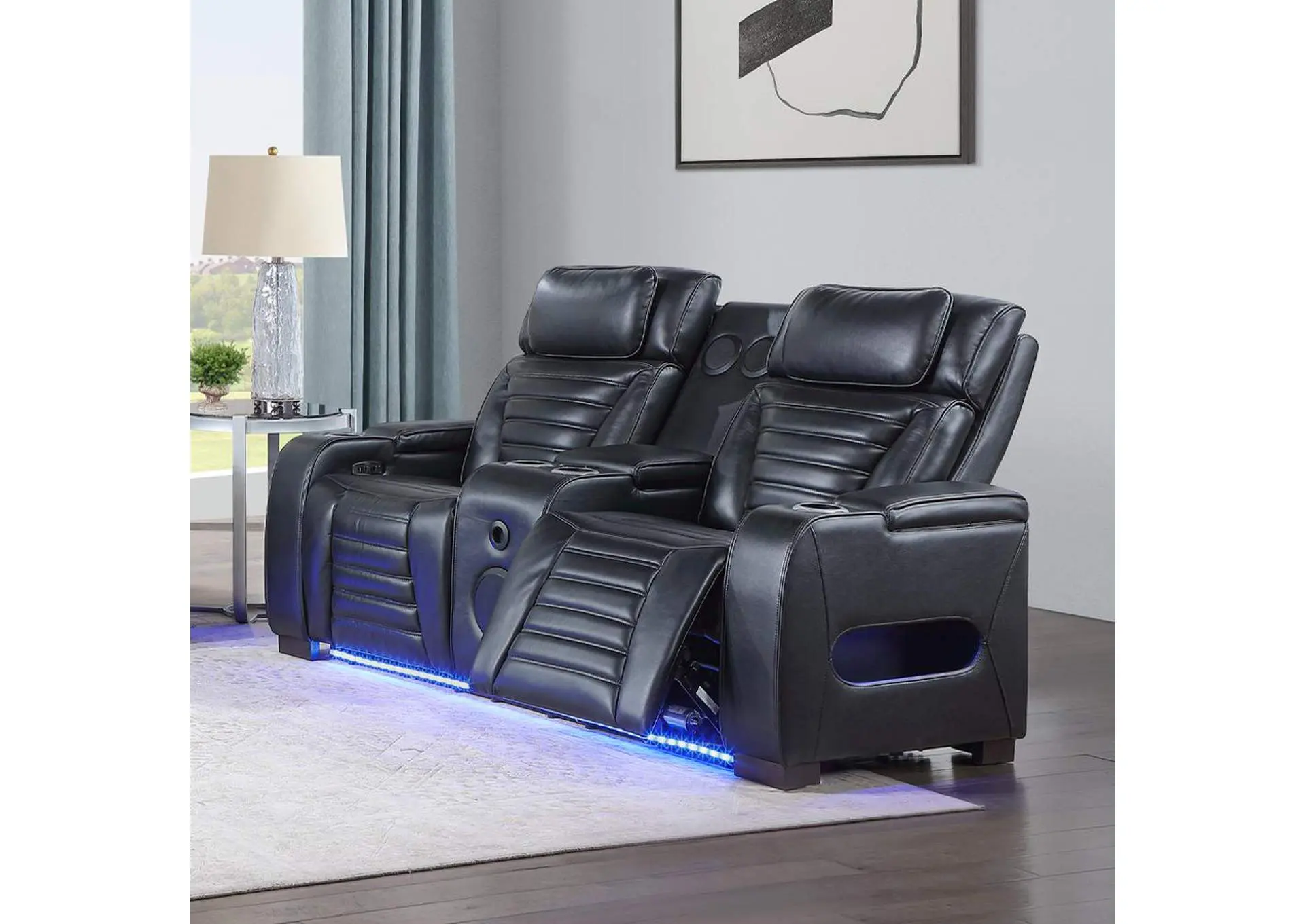 Ephron Power Motion Loveseat with Console, Power Headrests, Led and Speakers
