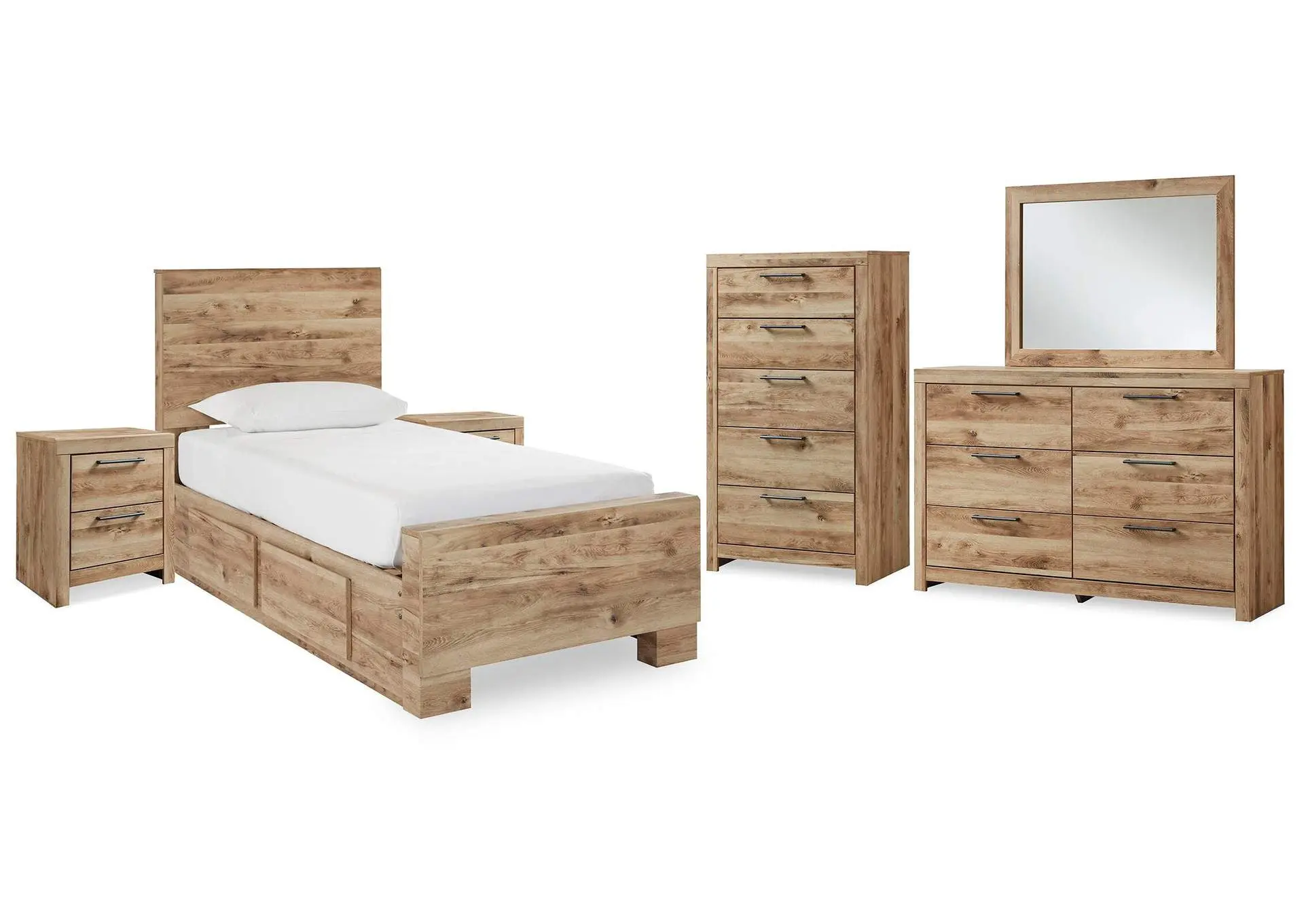 Hyanna Twin Panel Bed with 1 Side Storage, Dresser, Mirror, Chest and 2 Nightstands