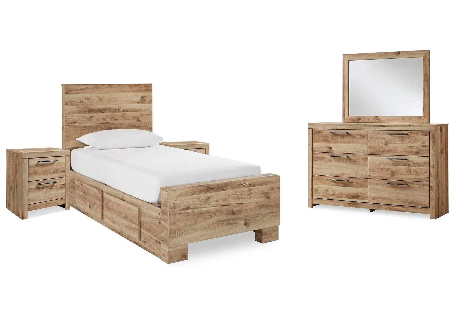 Hyanna Twin Panel Bed with 2 Side Storage, Dresser, Mirror and 2 Nightstands