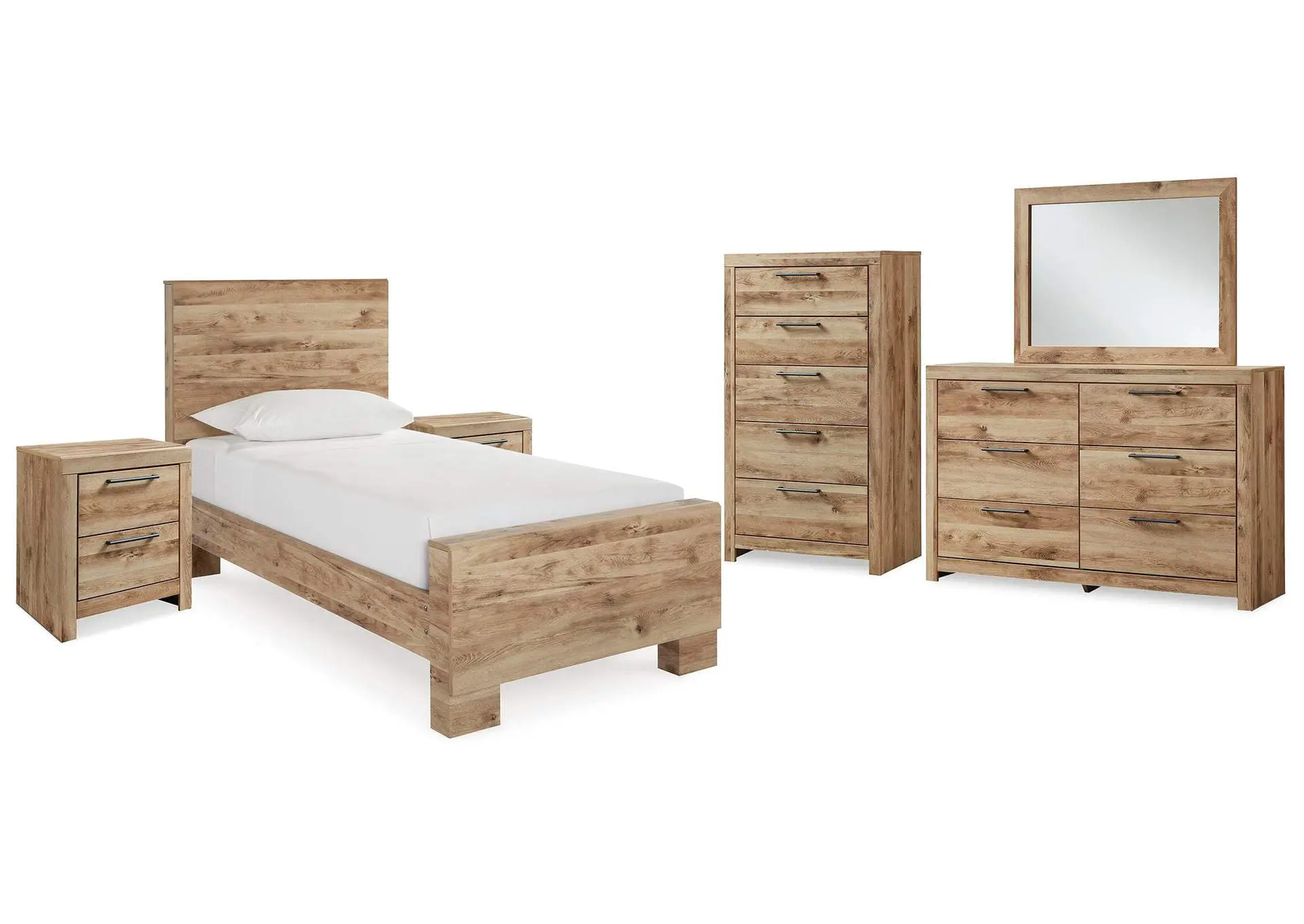 Hyanna Twin Panel Bed, Dresser, Mirror, Chest and 2 Nightstands
