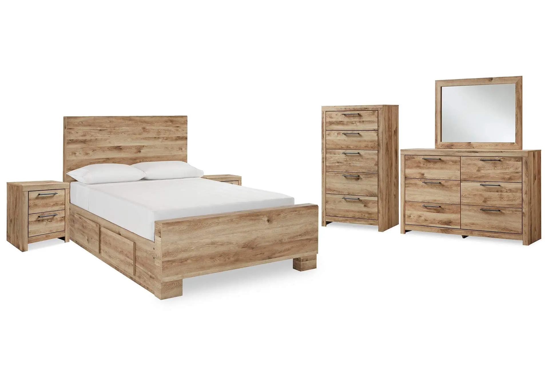 Hyanna Full Panel Bed with 1 Side Storage, Dresser, Mirror, Chest and 2 Nightstands