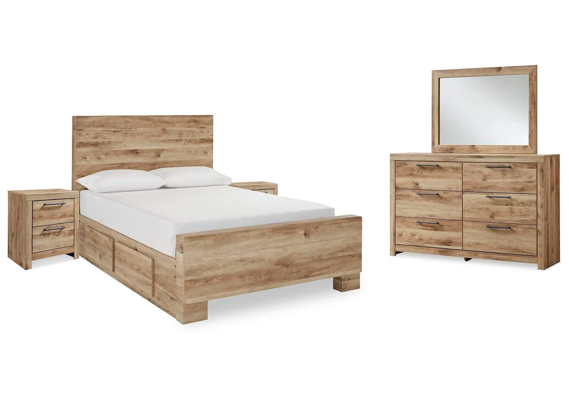 Hyanna Full Panel Bed with 2 Side Storage, Dresser, Mirror and 2 Nightstands