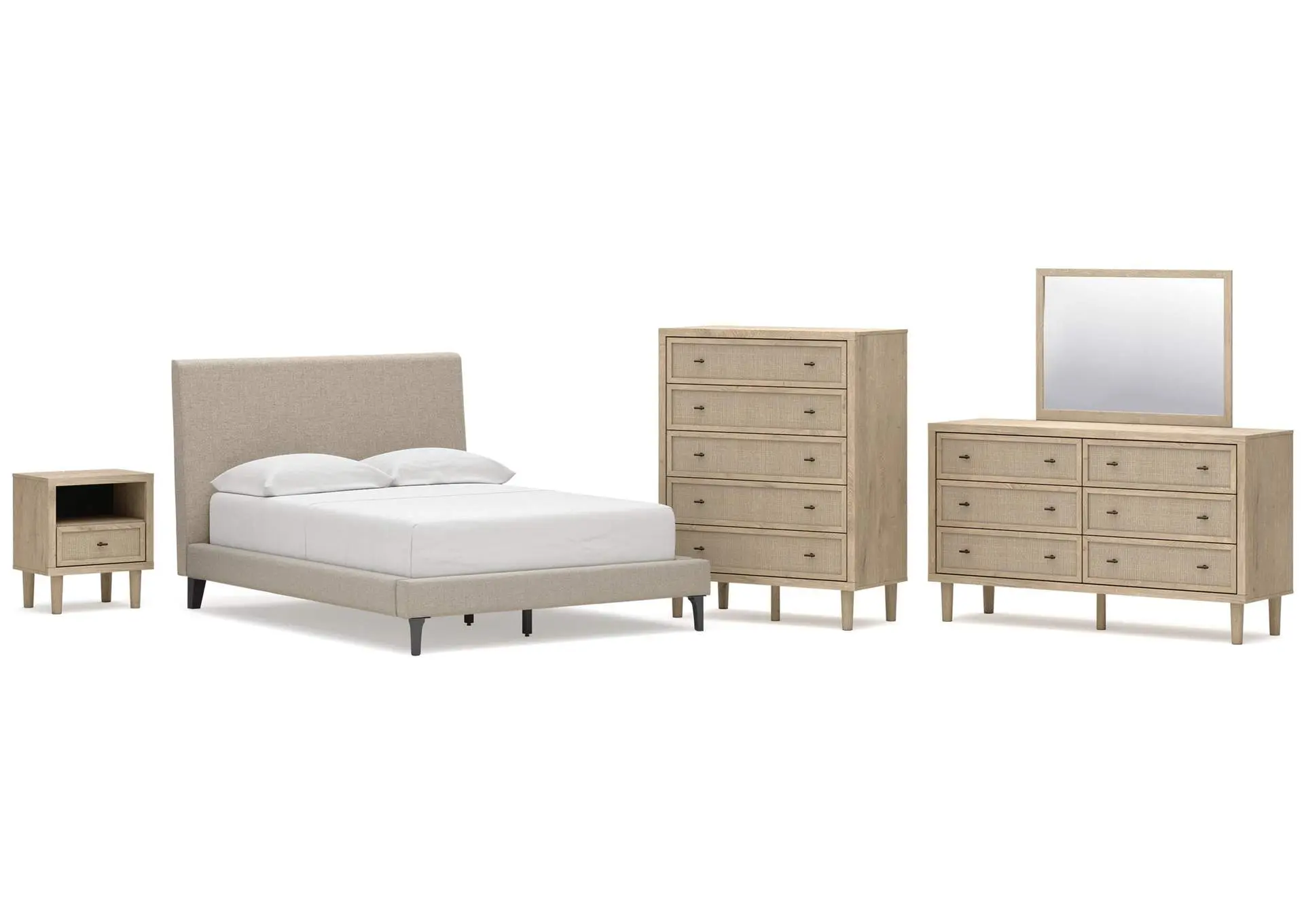 Cielden Full Upholstered Bed with Roll Slats, Dresser, Mirror, Chest and Nightstand