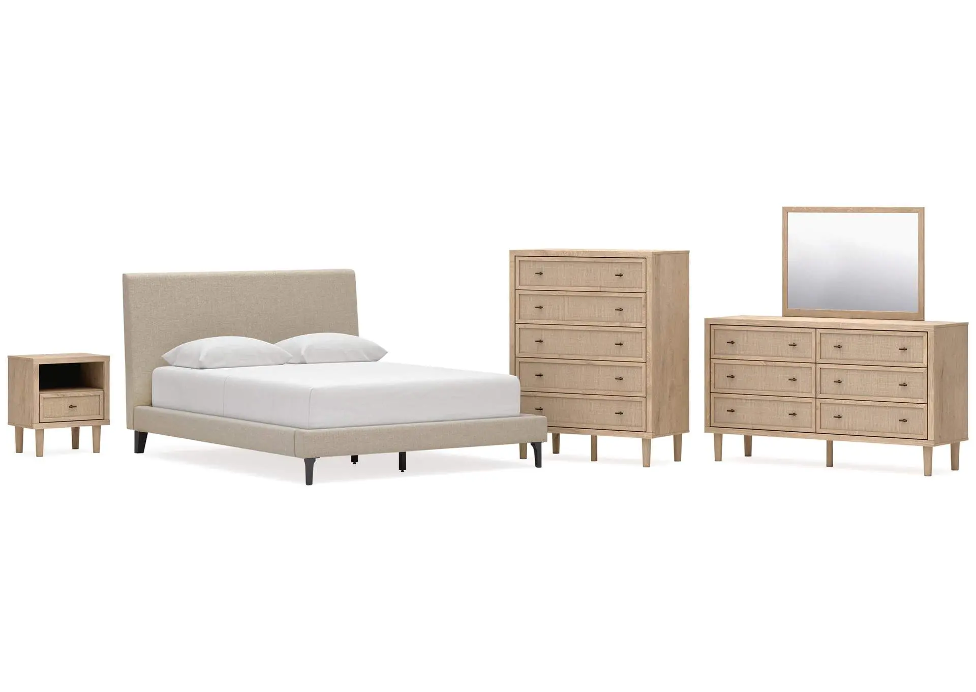 Cielden Queen Upholstered Bed with Roll Slats, Dresser, Mirror, Chest and Nightstand