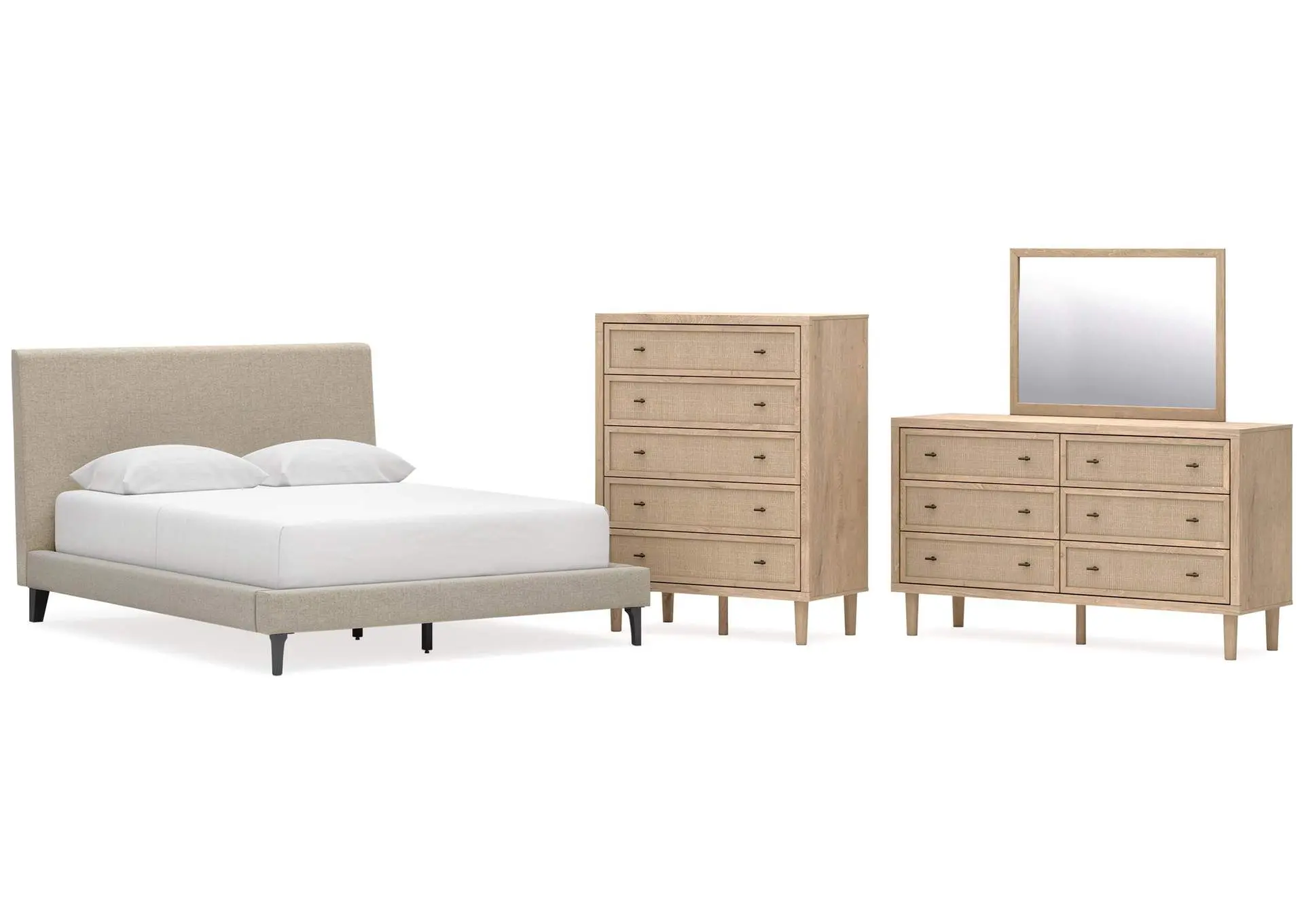 Cielden Queen Upholstered Bed with Roll Slats, Dresser, Mirror and Chest