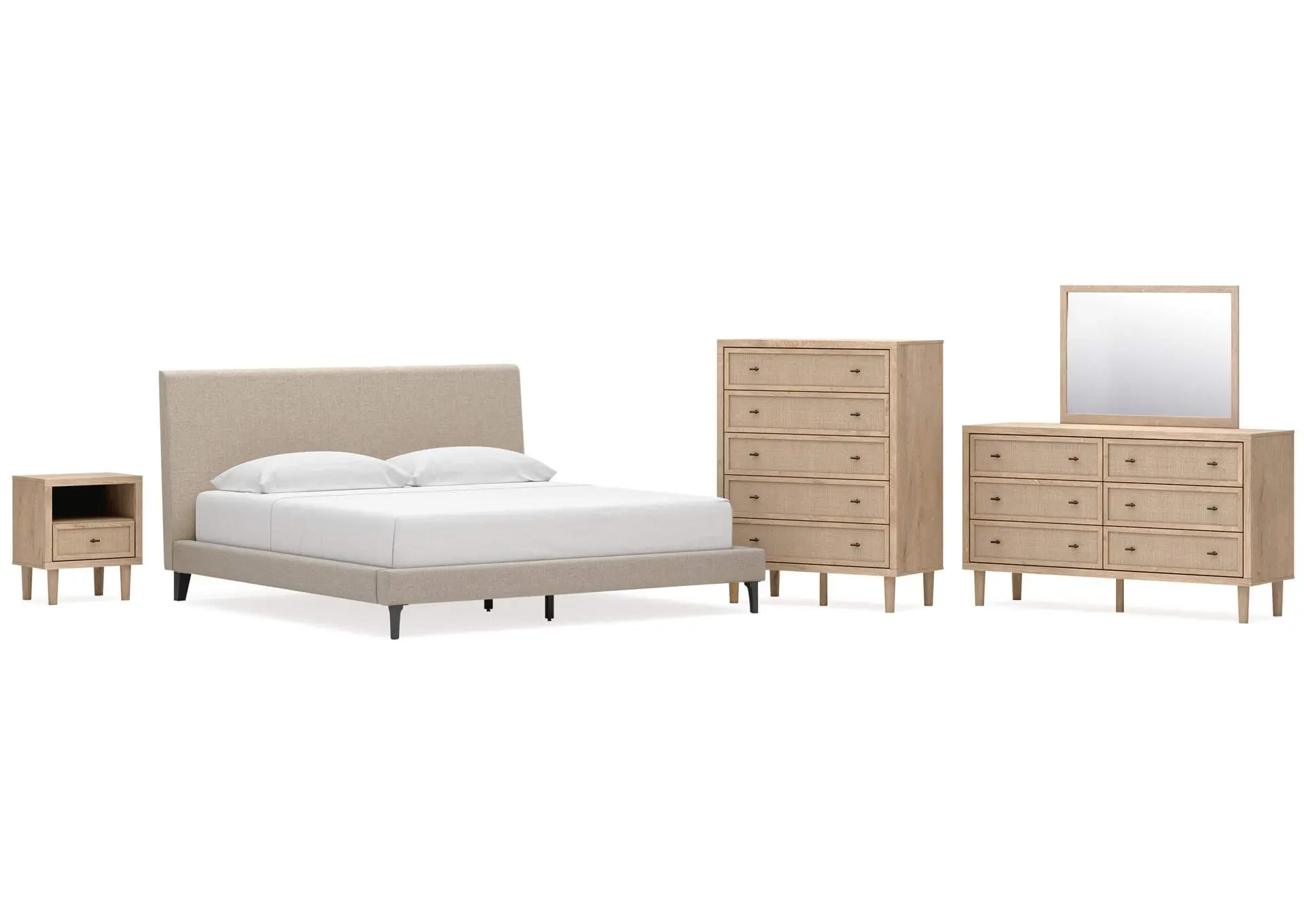 Cielden King Upholstered Bed with Roll Slats, Dresser, Mirror, Chest and Nightstand