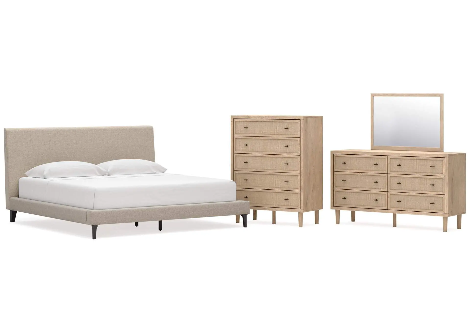 Cielden King Upholstered Bed with Roll Slats, Dresser, Mirror and Chest