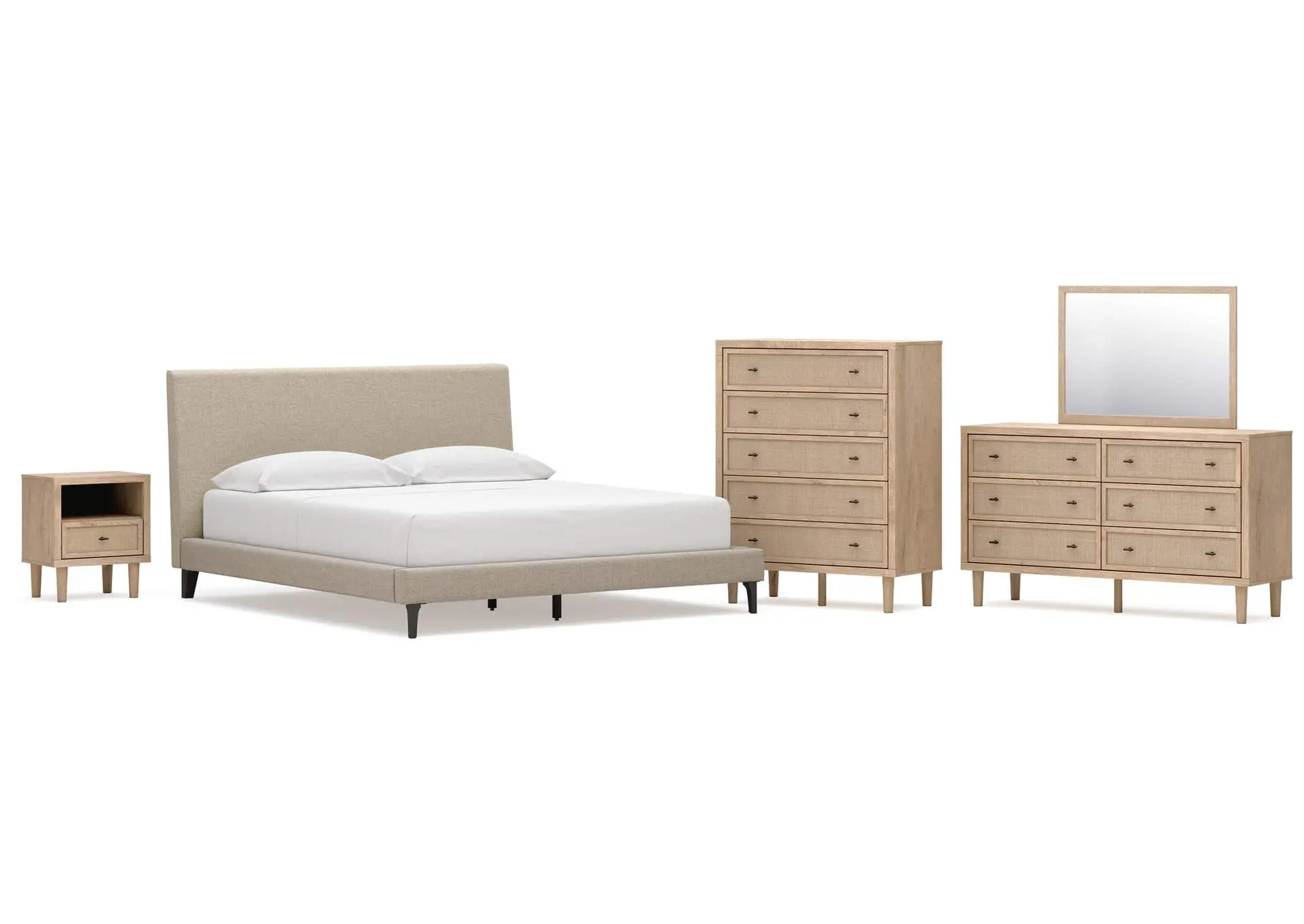 Cielden California King Upholstered Bed with Roll Slats, Dresser, Mirror, Chest and Nightstand