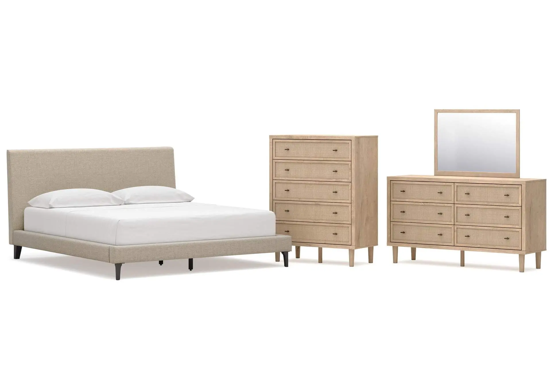 Cielden California King Upholstered Bed with Roll Slats, Dresser, Mirror and Chest