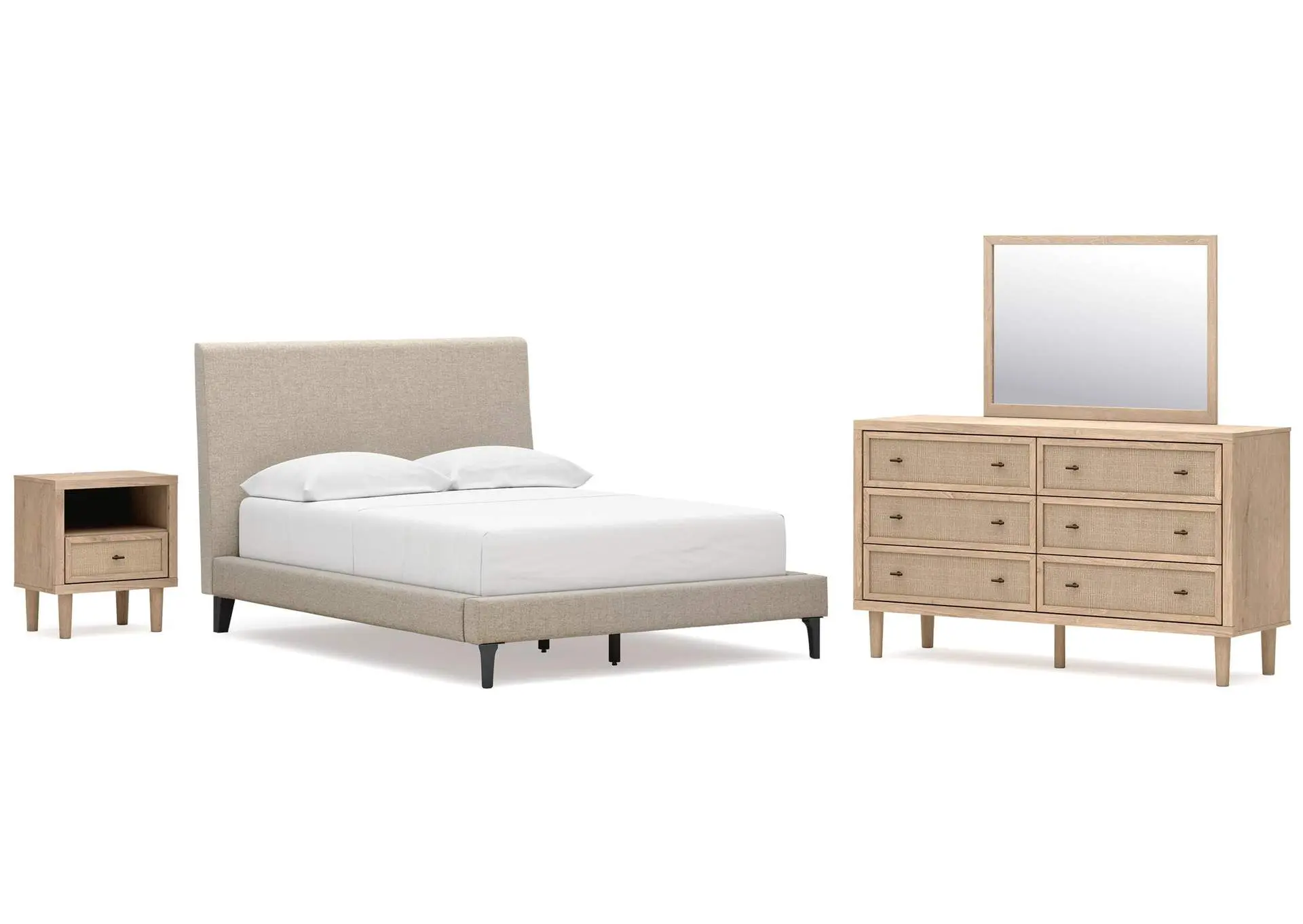 Cielden Full Upholstered Bed with Roll Slats, Dresser, Mirror and Nightstand