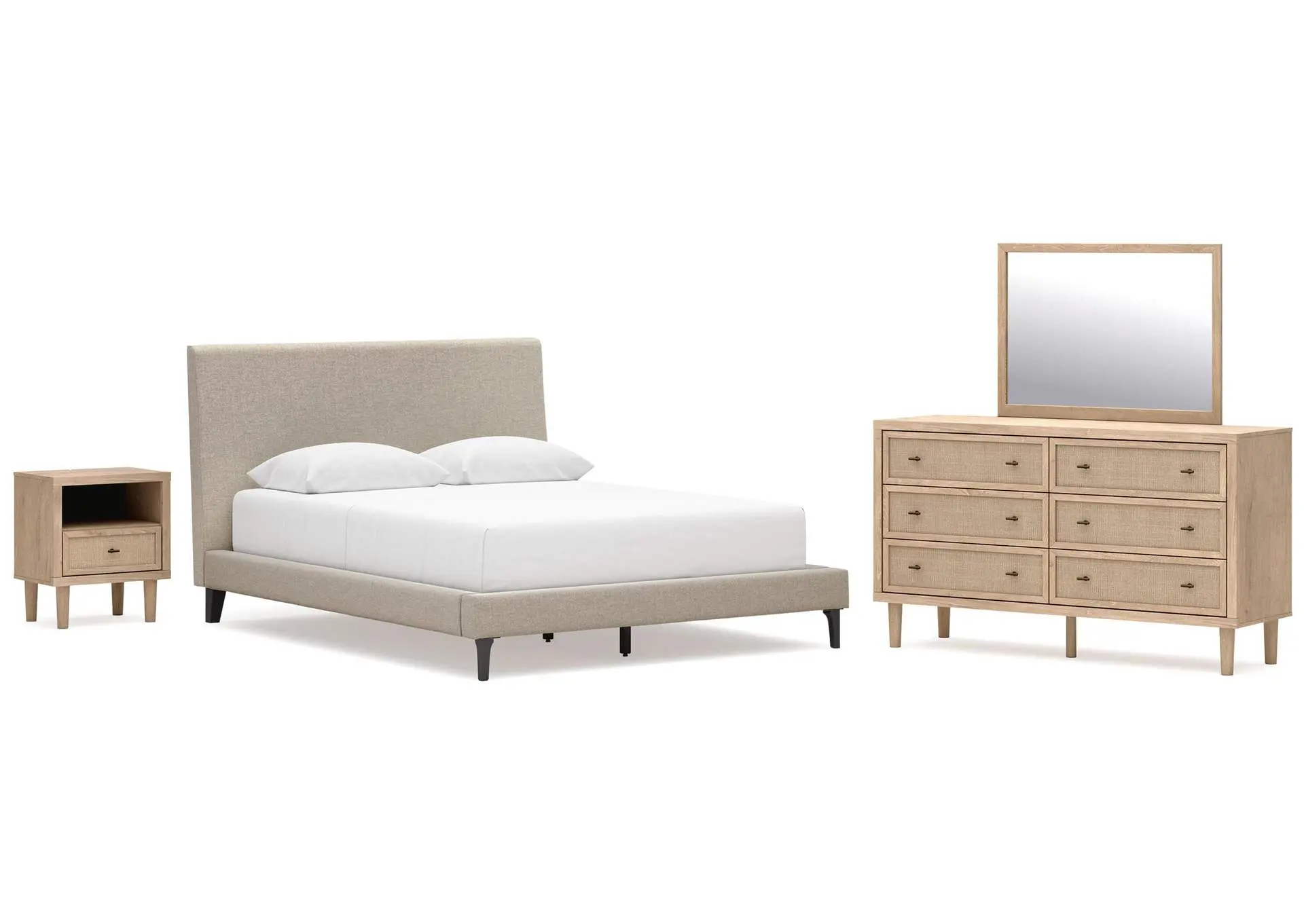 Cielden Queen Upholstered Bed with Roll Slats, Dresser, Mirror and Nightstand