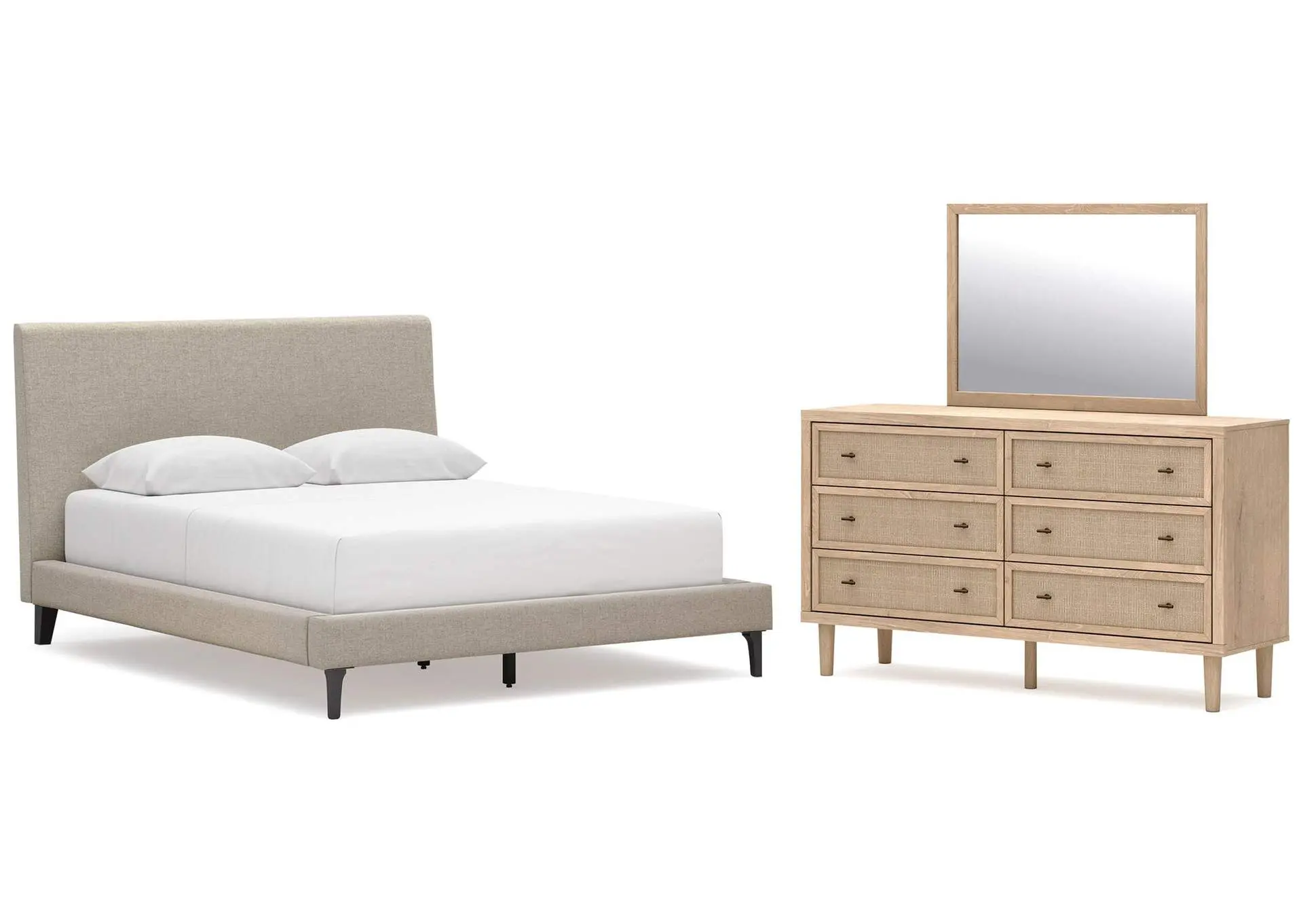Cielden Queen Upholstered Bed with Roll Slats, Dresser and Mirror