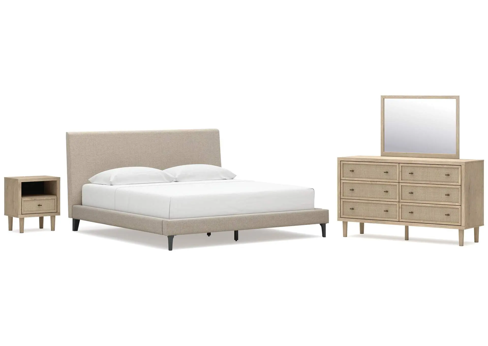 Cielden King Upholstered Bed with Roll Slats, Dresser, Mirror and Nightstand
