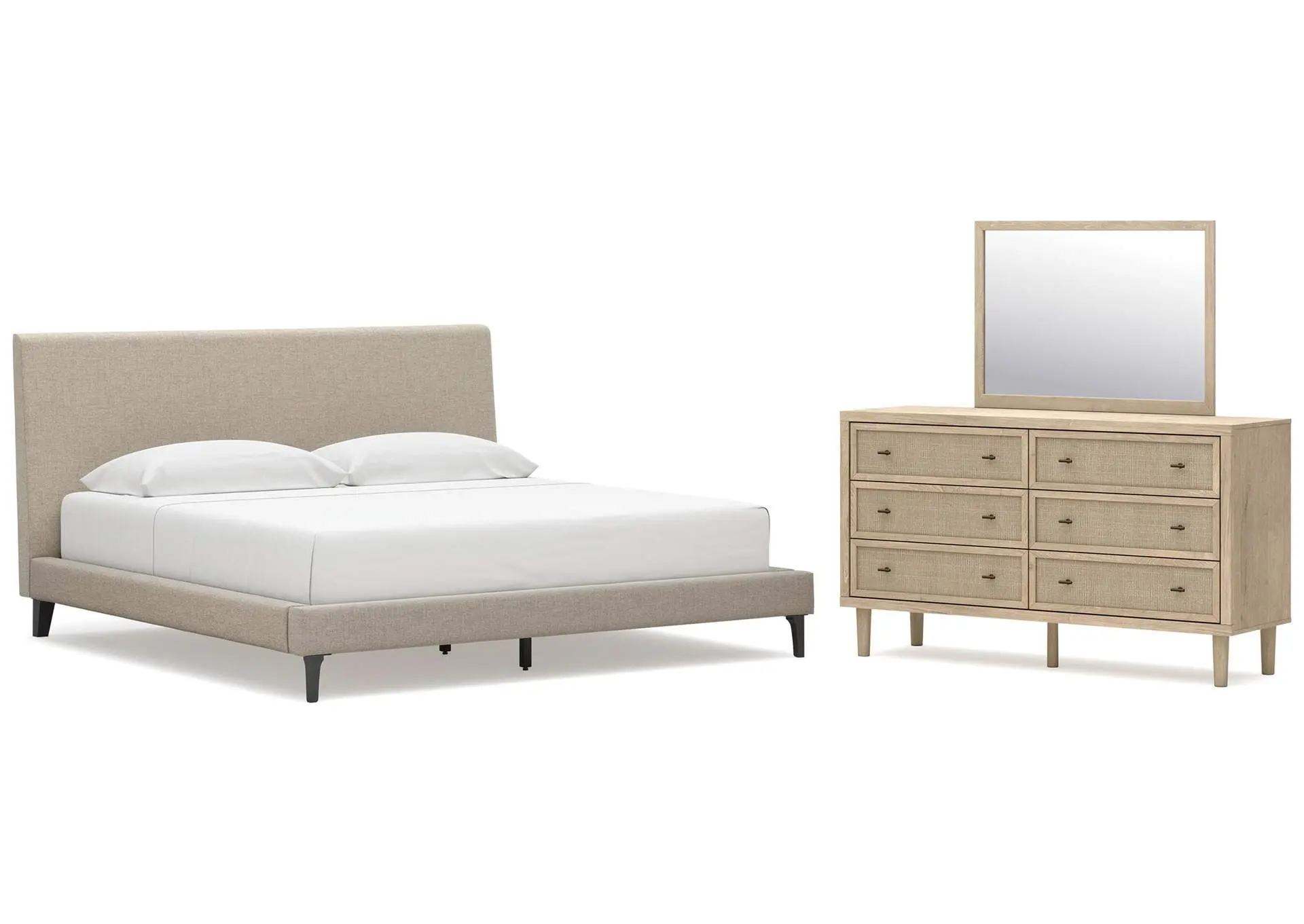 Cielden King Upholstered Bed with Roll Slats, Dresser and Mirror