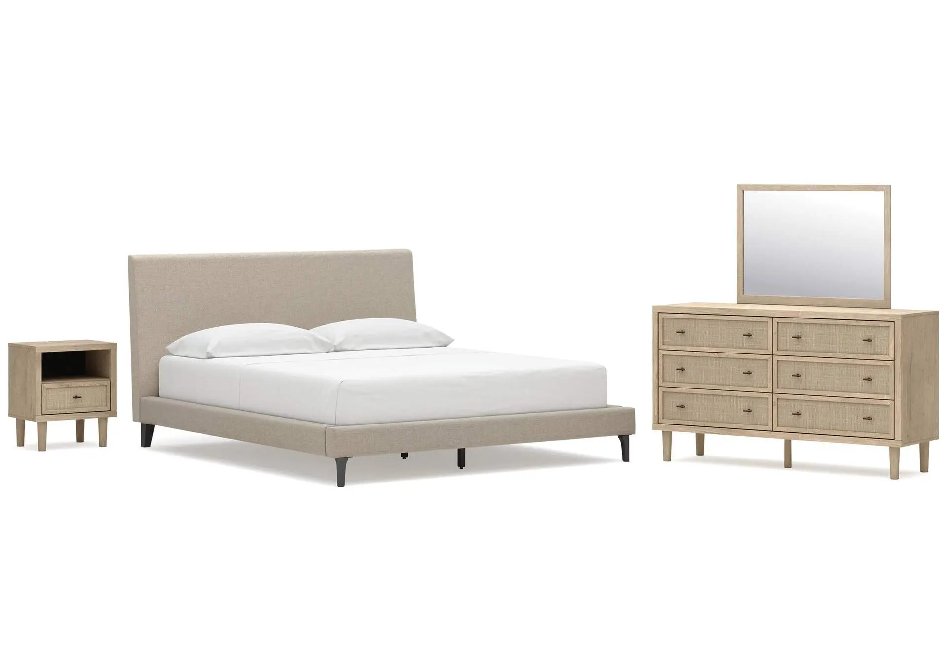 Cielden California King Upholstered Bed with Roll Slats, Dresser, Mirror and Nightstand
