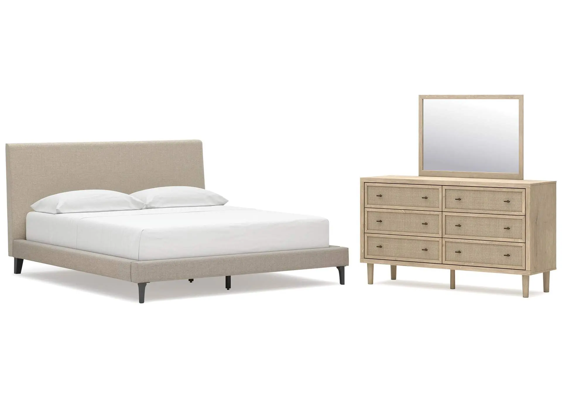 Cielden California King Upholstered Bed with Roll Slats, Dresser and Mirror