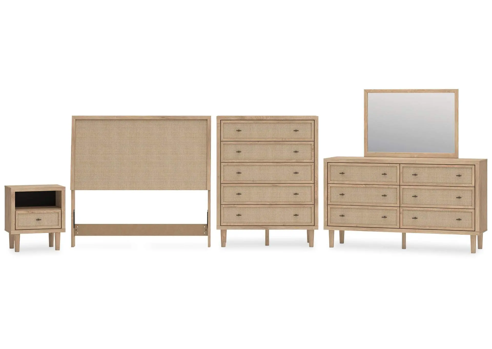 Cielden Full Upholstered Panel Bed with Mirrored Dresser, Chest and Nightstand