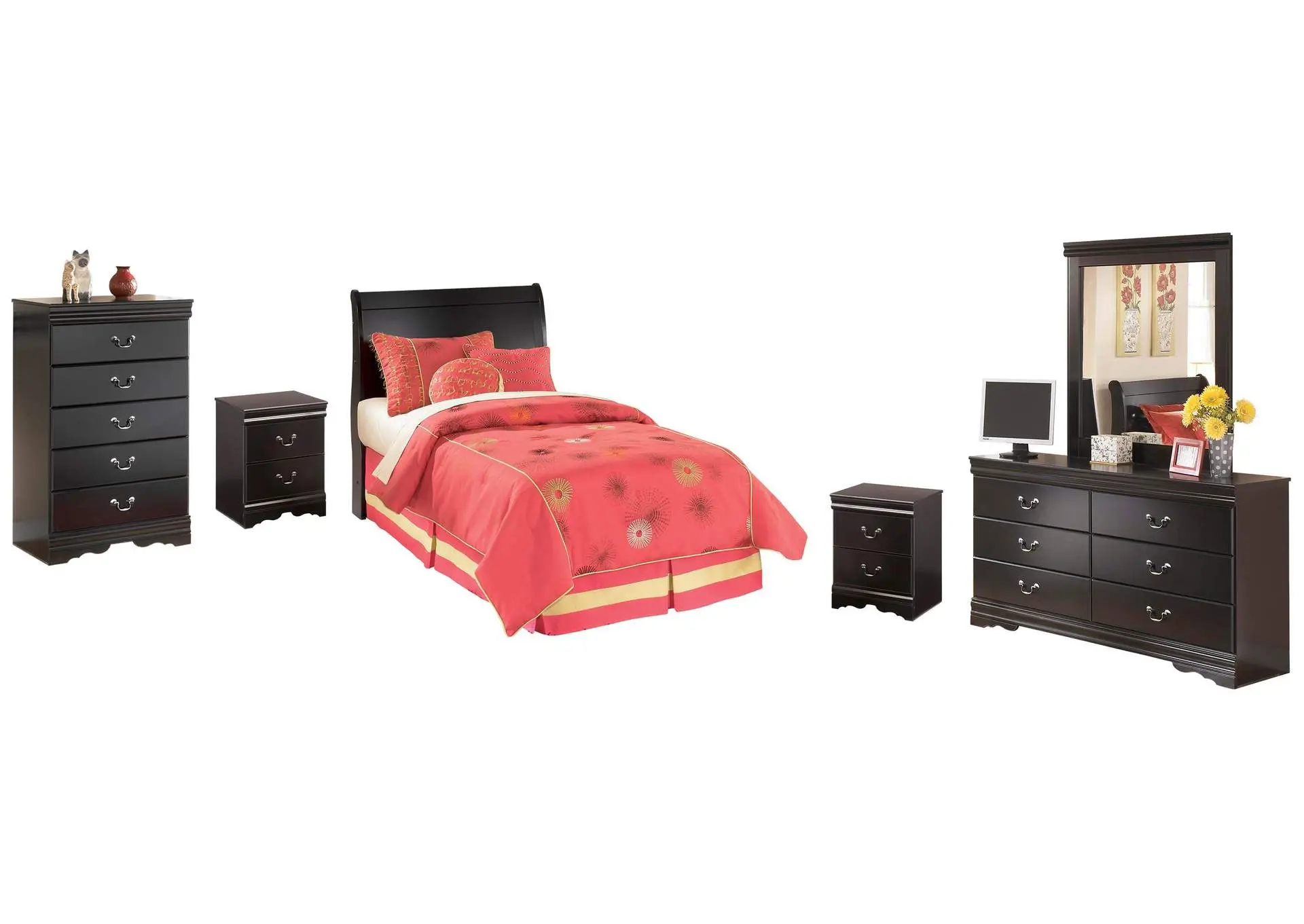 Huey Vineyard Twin Sleigh Headboard Bed with Mirrored Dresser, Chest and 2 Nightstands