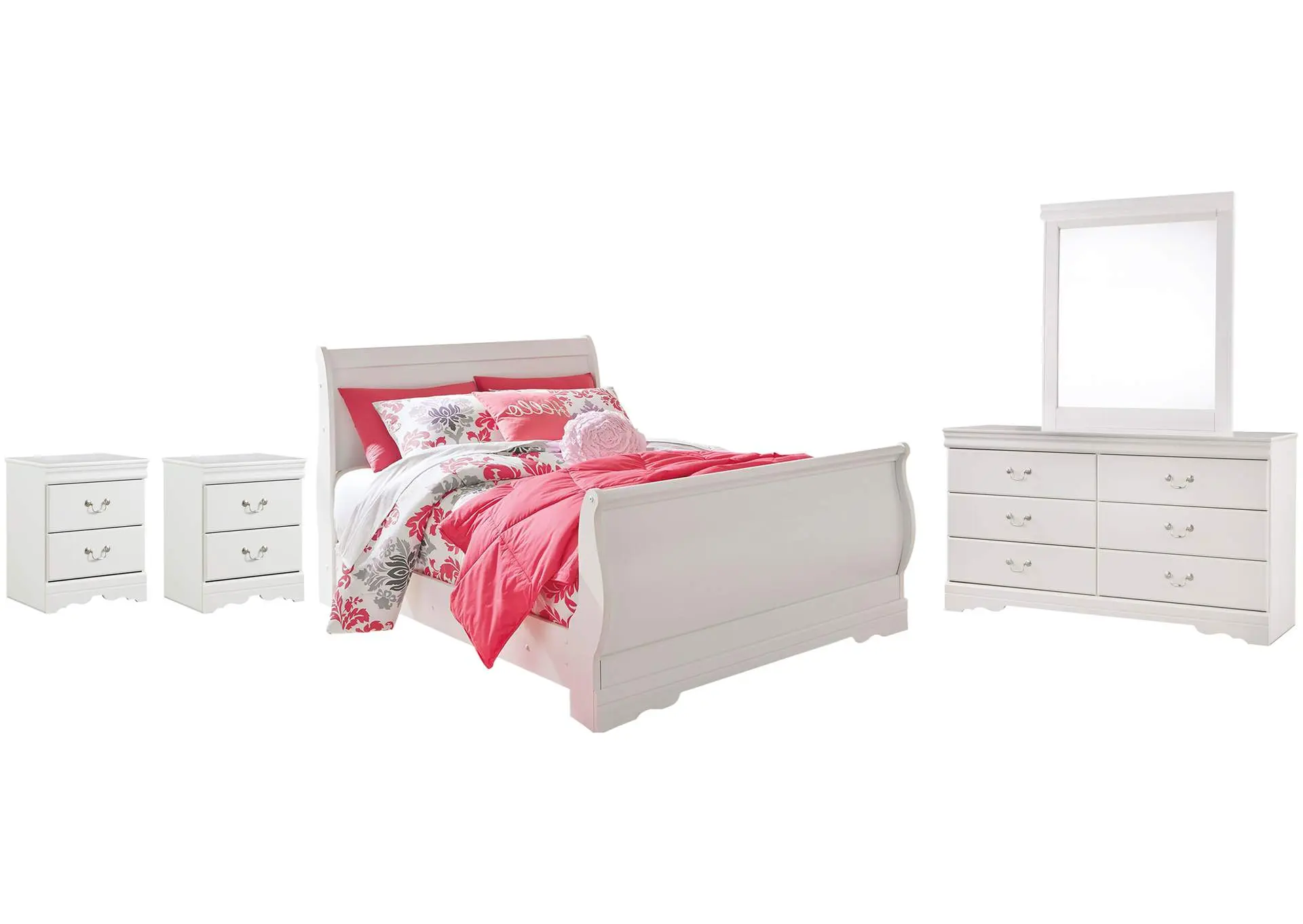 Anarasia Full Sleigh Bed with Mirrored Dresser and 2 Nightstands