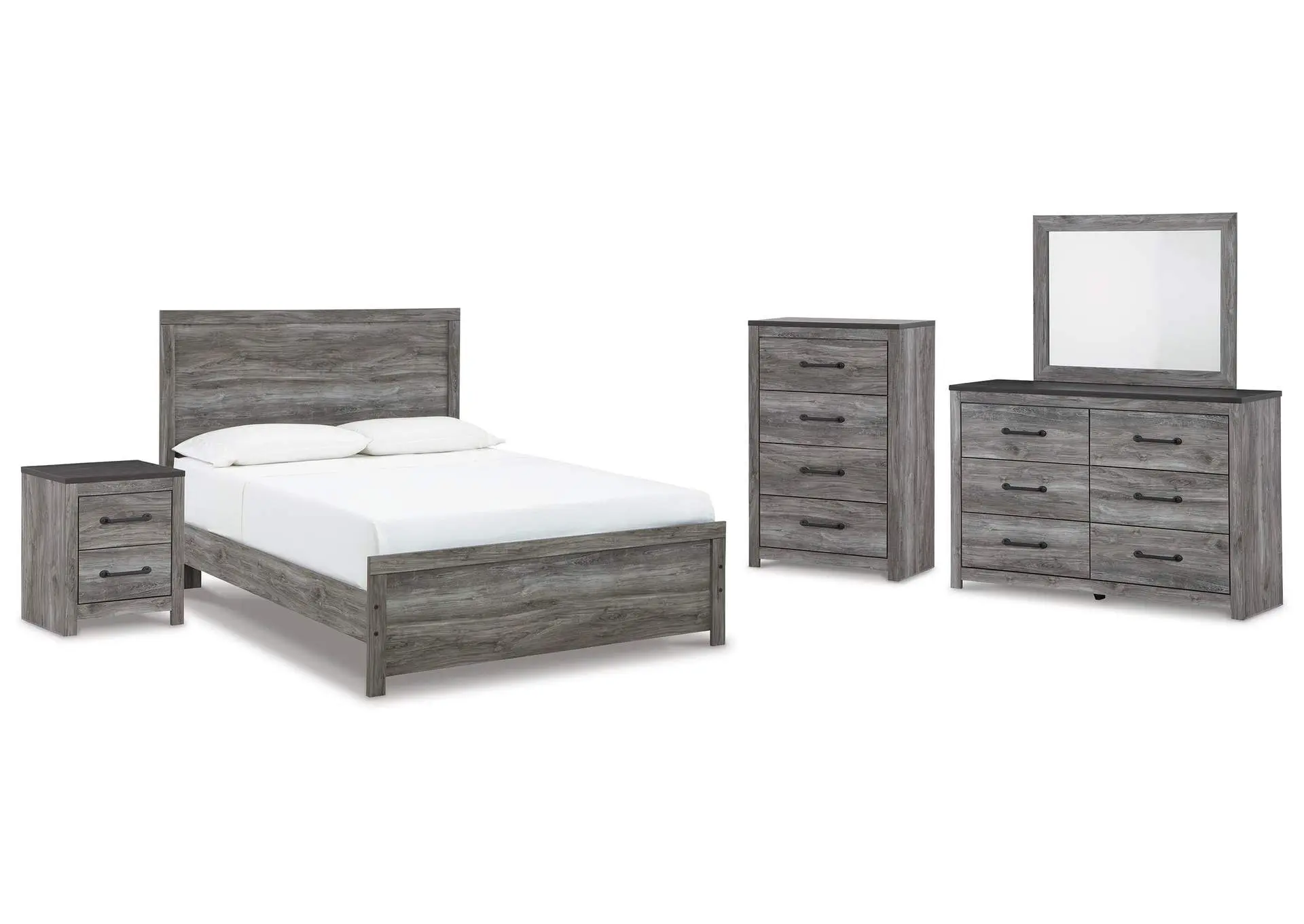 Bronyan Queen Panel Bed with Mirrored Dresser, Chest and Nightstand