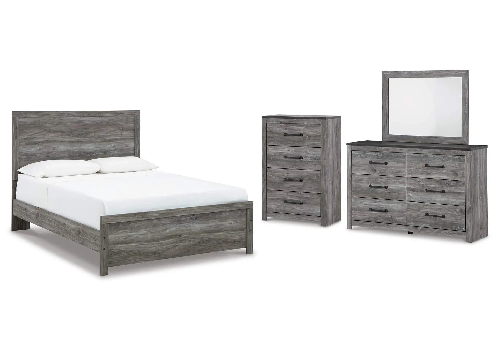 Bronyan Queen Panel Bed with Mirrored Dresser and Chest