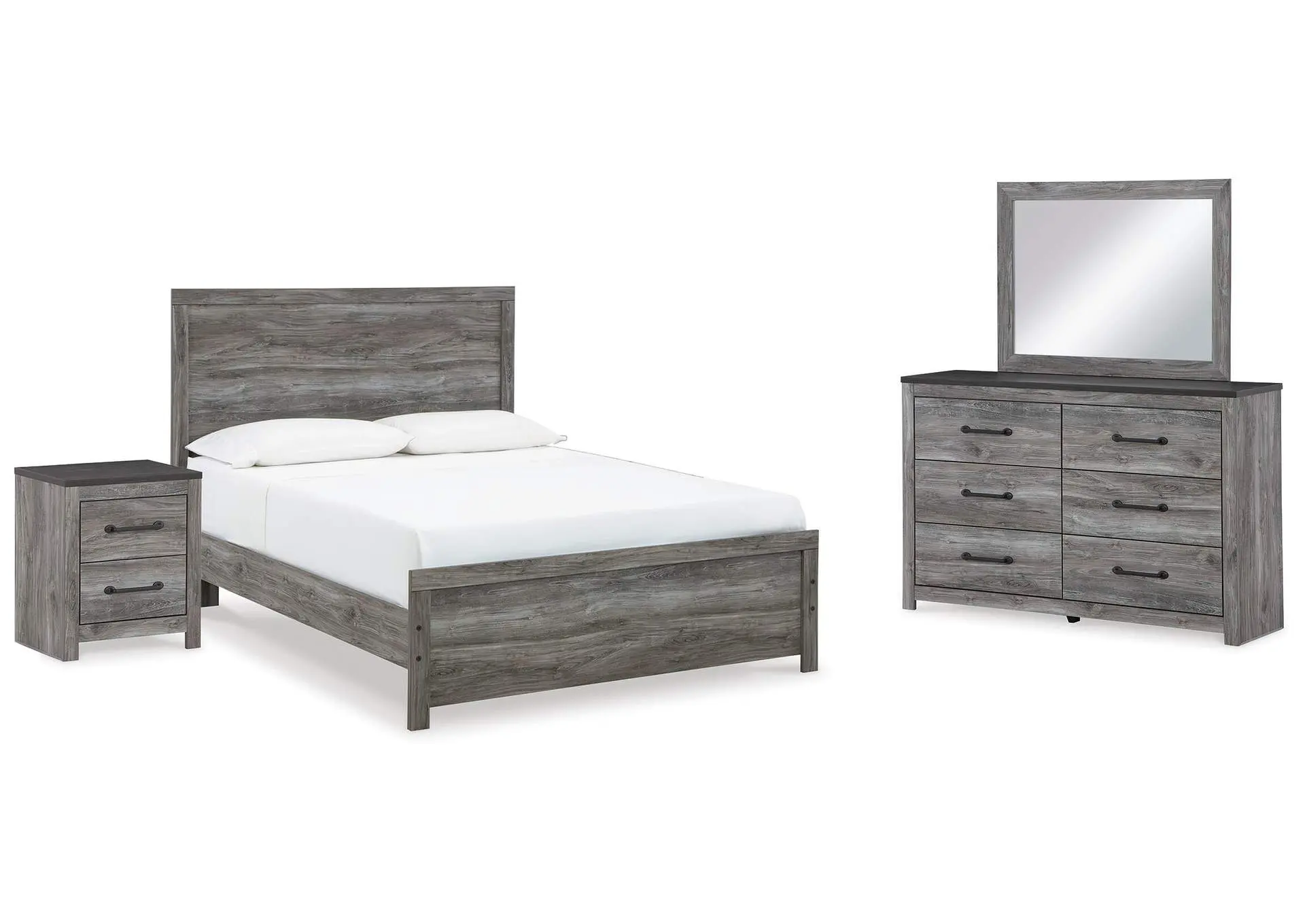 Bronyan Queen Panel Bed with Mirrored Dresser and Nightstand