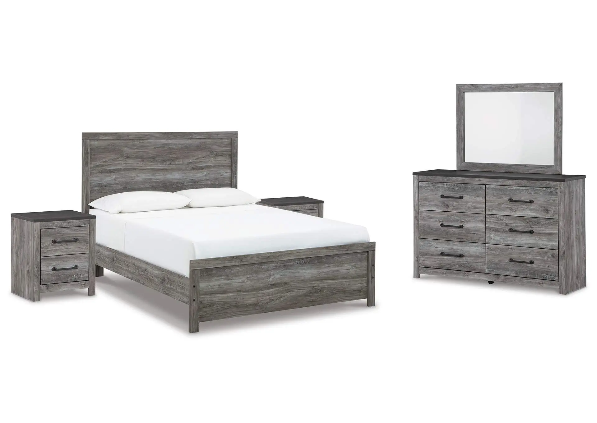 Bronyan Queen Panel Bed with Mirrored Dresser and 2 Nightstands