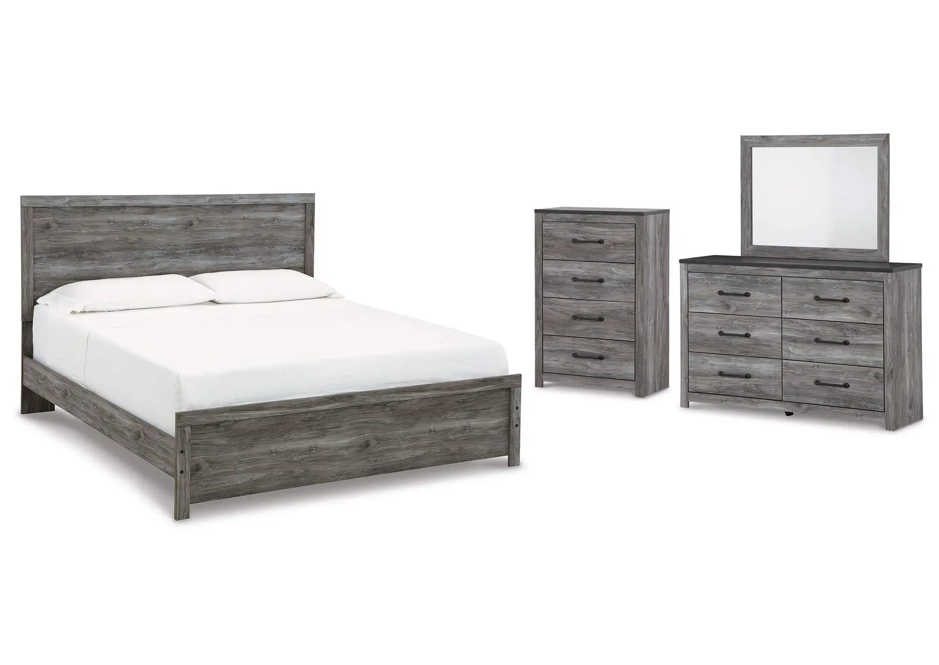 Bronyan King Panel Bed with Mirrored Dresser and Chest