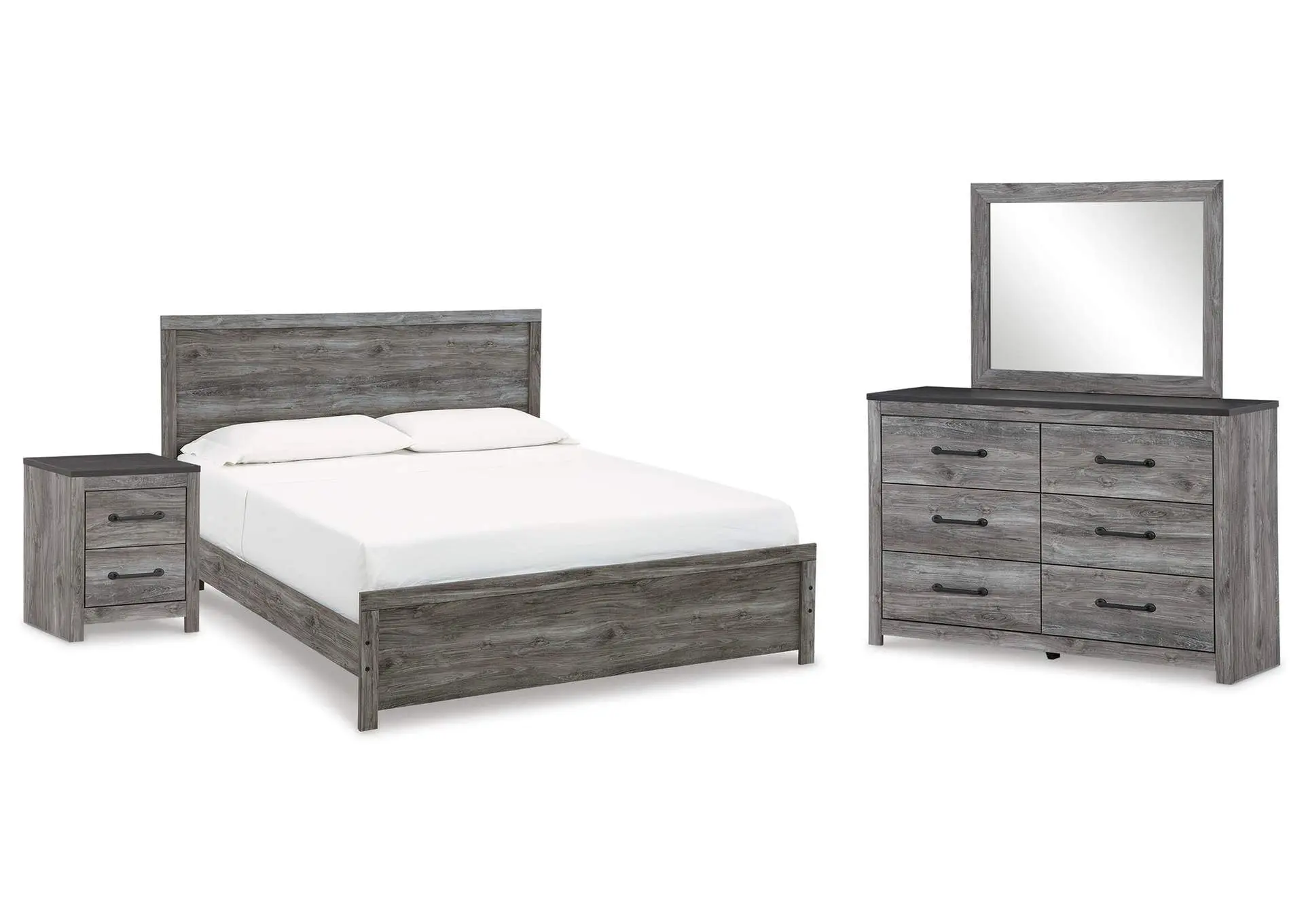 Bronyan King Panel Bed with Mirrored Dresser and Nightstand