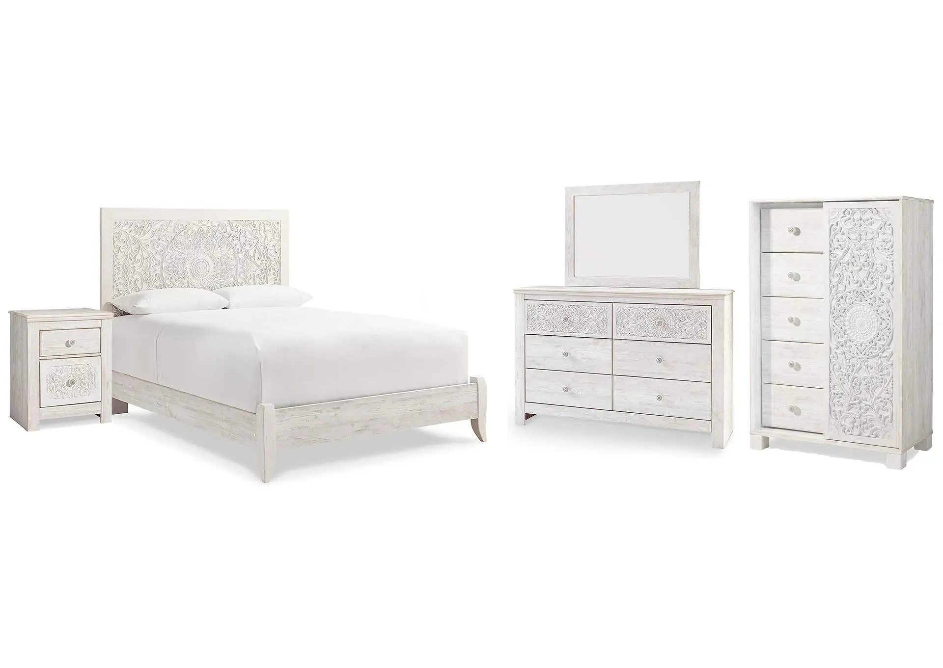 Paxberry Queen Panel Bed with Mirrored Dresser, Chest and Nightstand