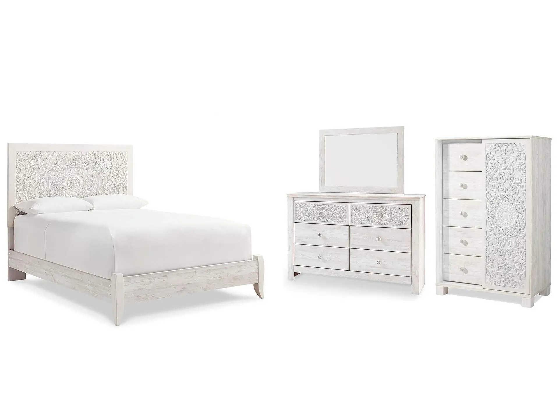 Paxberry Queen Panel Bed with Mirrored Dresser and Chest