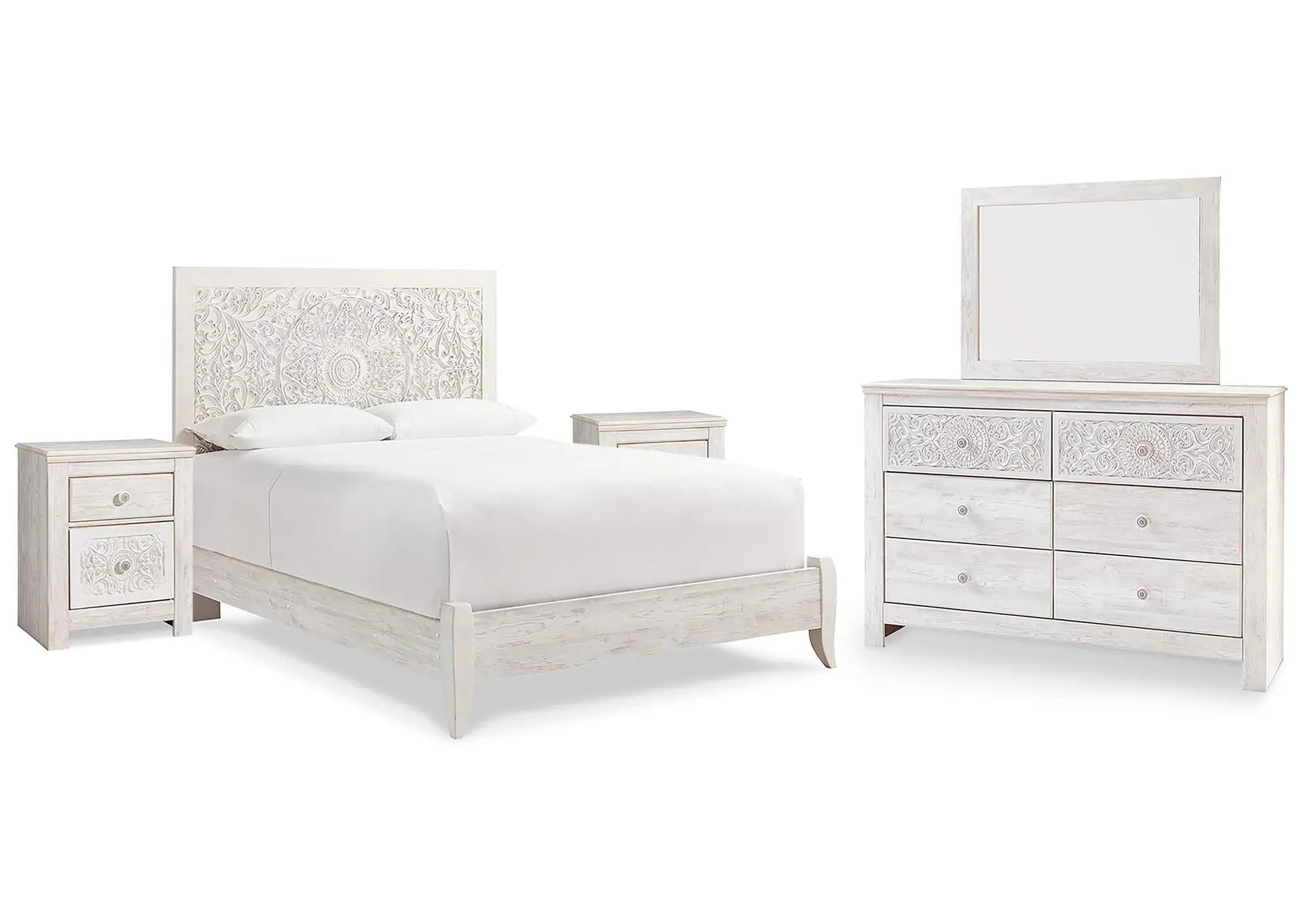 Paxberry Queen Panel Bed with Mirrored Dresser and 2 Nightstands