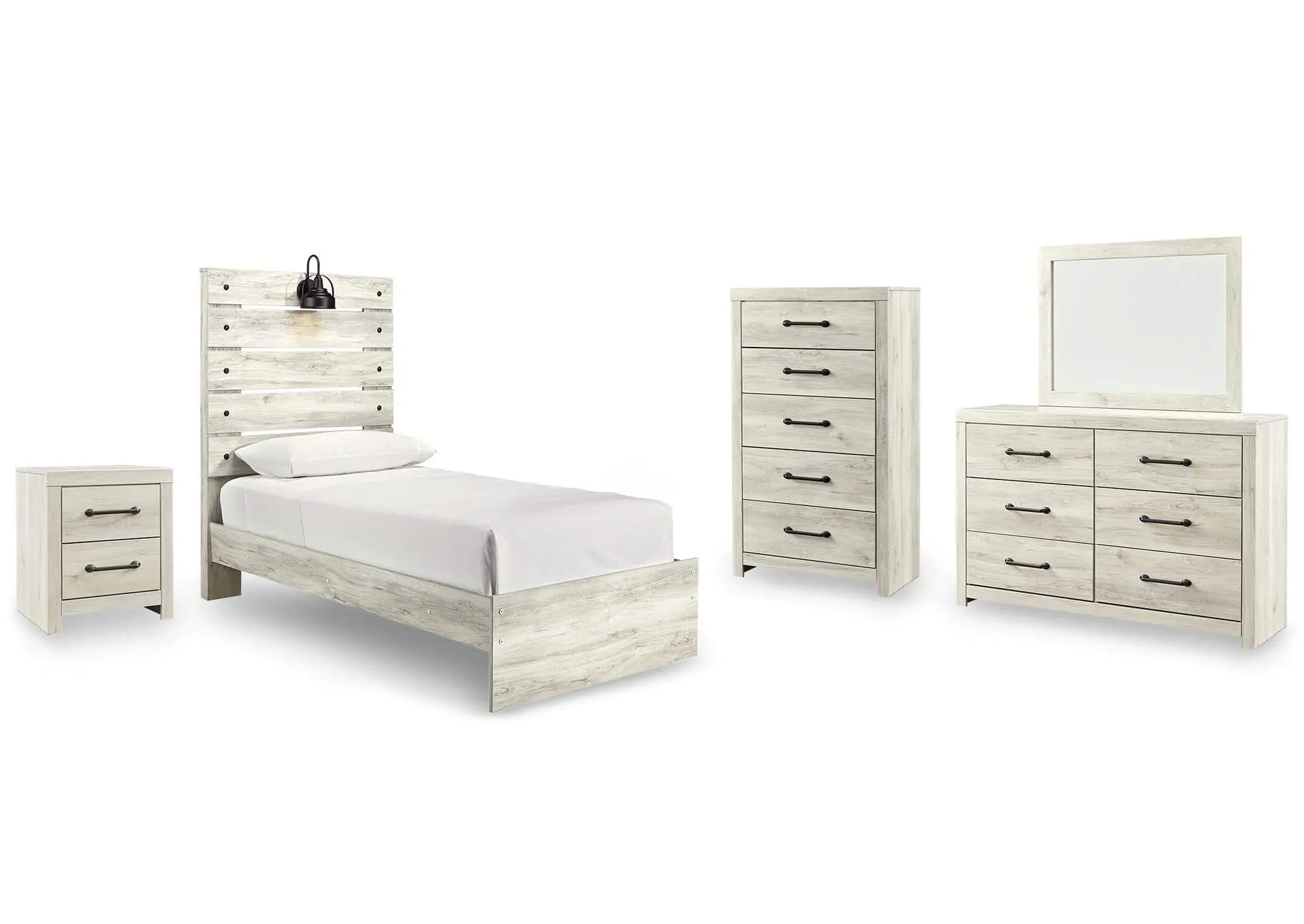 Cambeck Twin Panel Bed with Mirrored Dresser, Chest and Nightstand