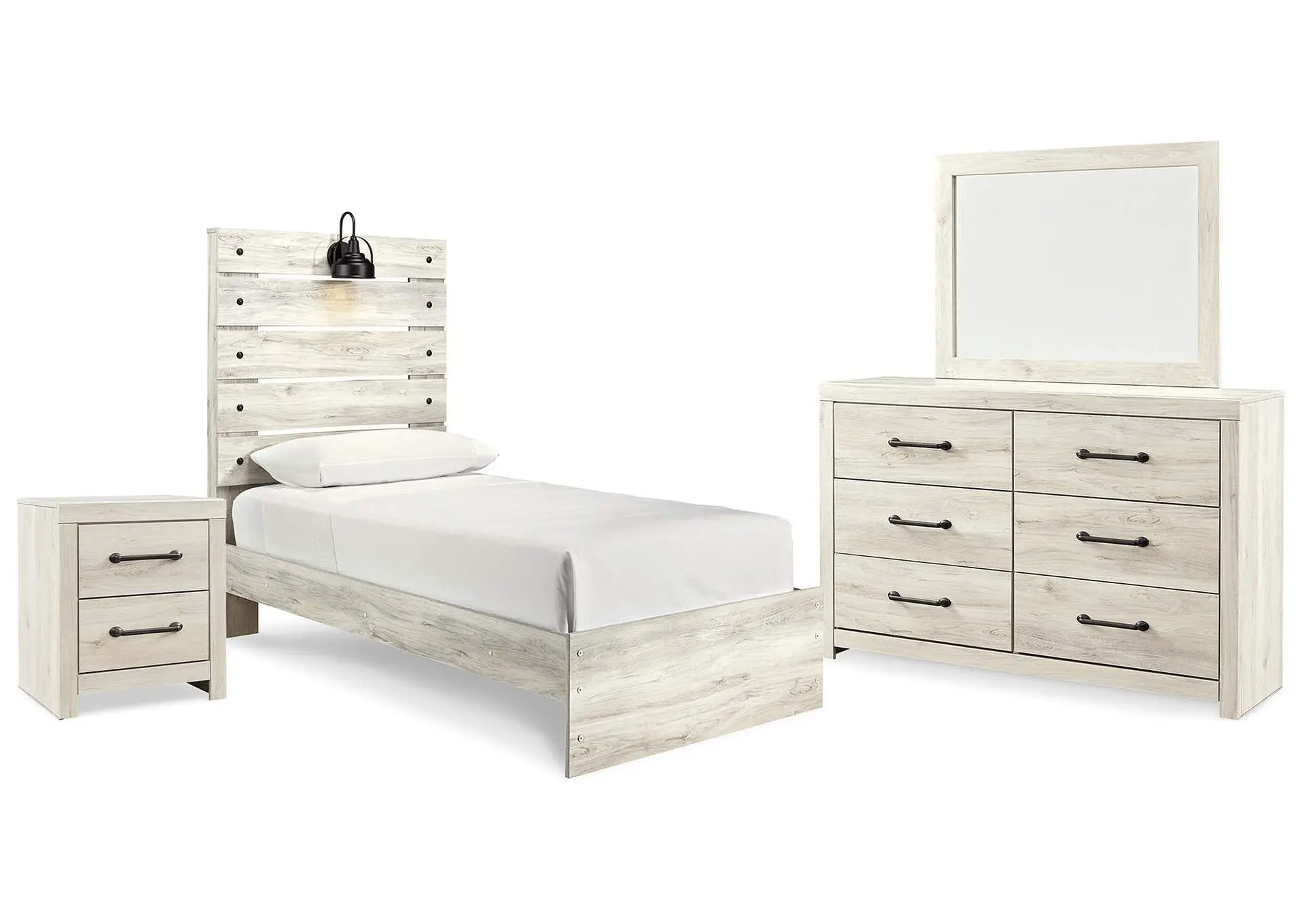Cambeck Twin Panel Bed with Mirrored Dresser and Nightstand