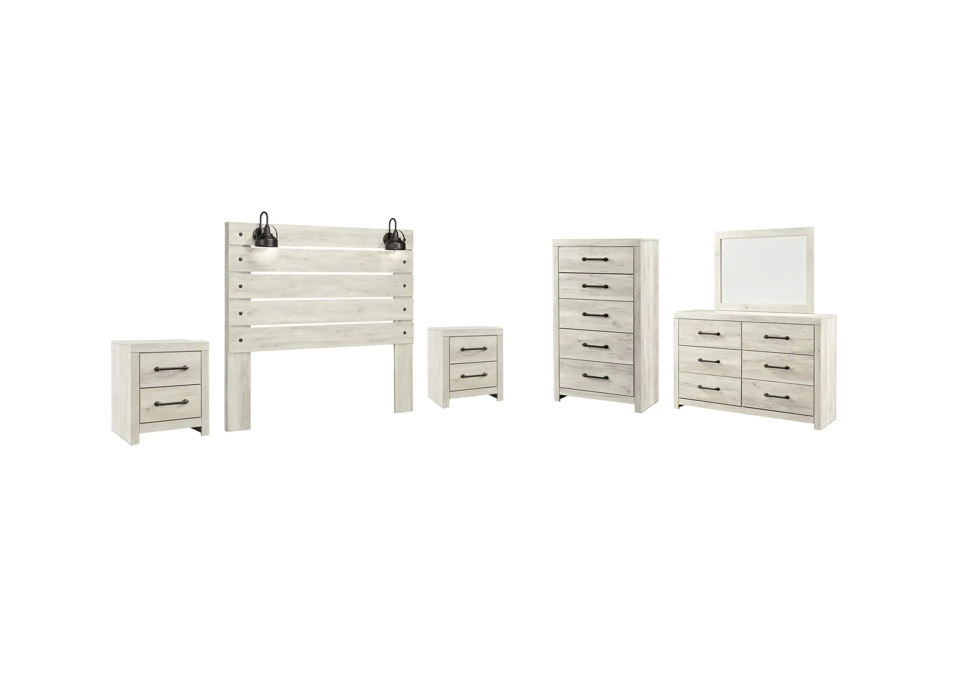 Cambeck Queen Panel Headboard Bed with Mirrored Dresser, Chest and 2 Nightstands