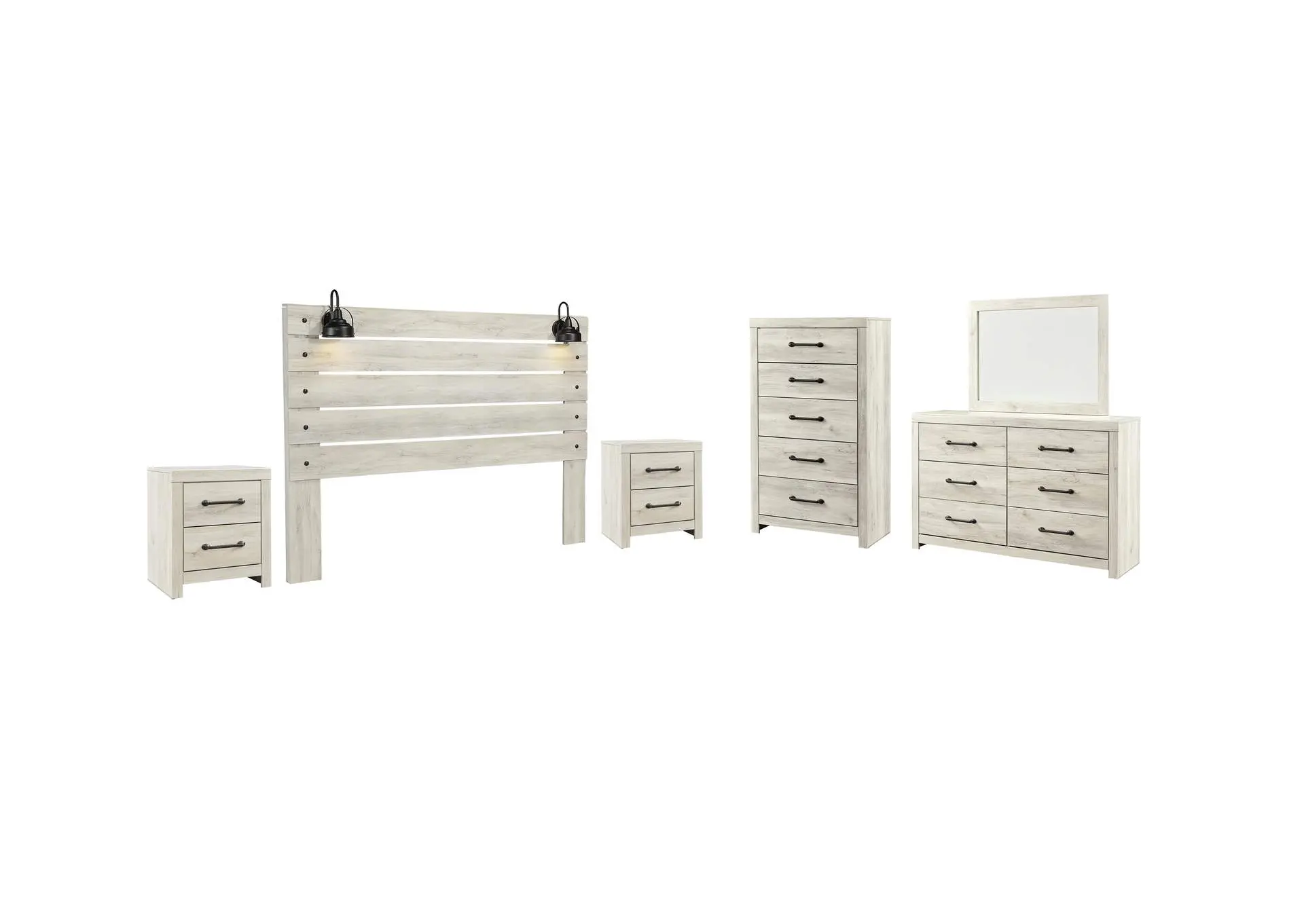 Cambeck King Panel Headboard Bed with Mirrored Dresser, Chest and 2 Nightstands