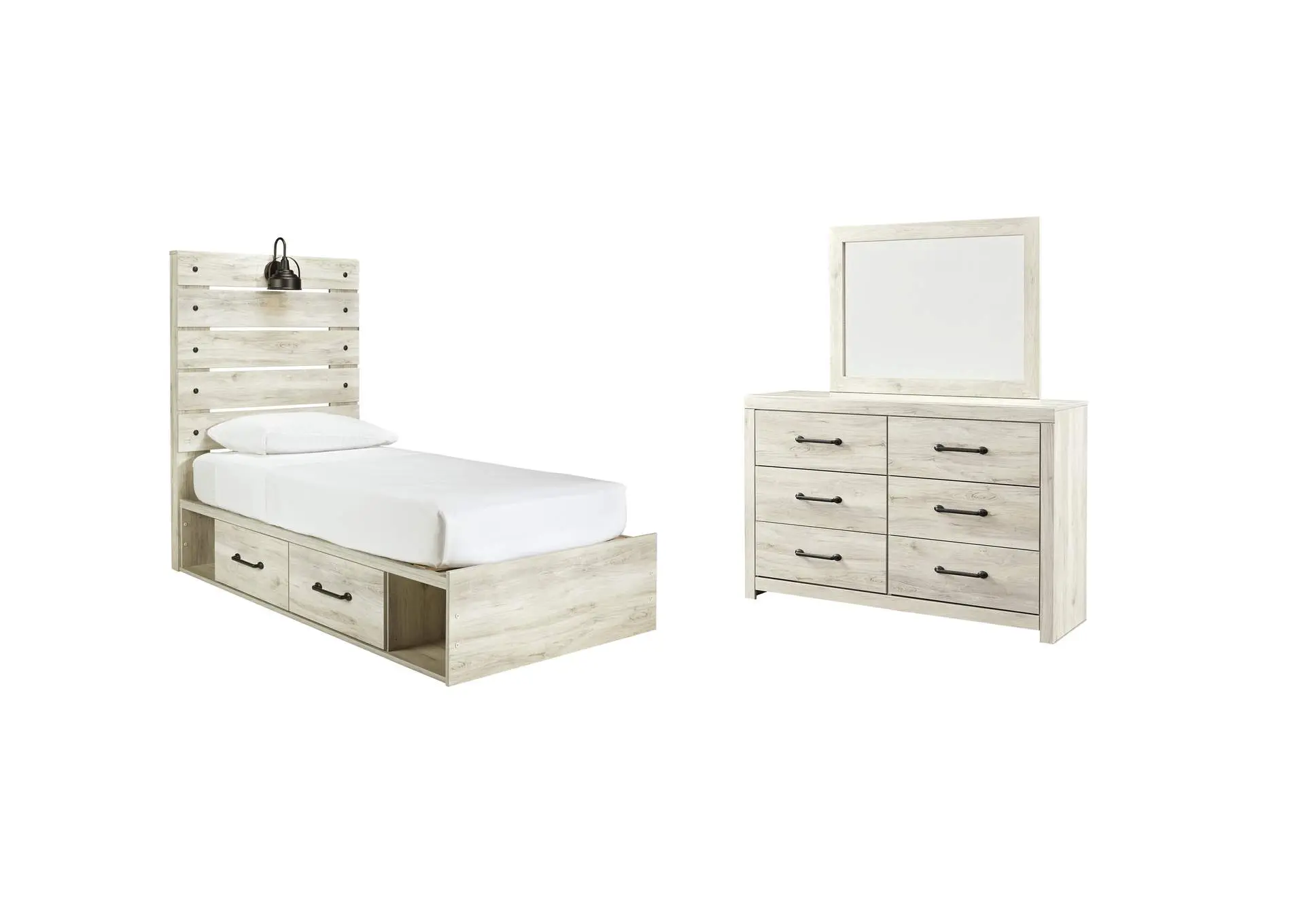 Cambeck Twin Panel Bed with 2 Storage Drawers with Mirrored Dresser