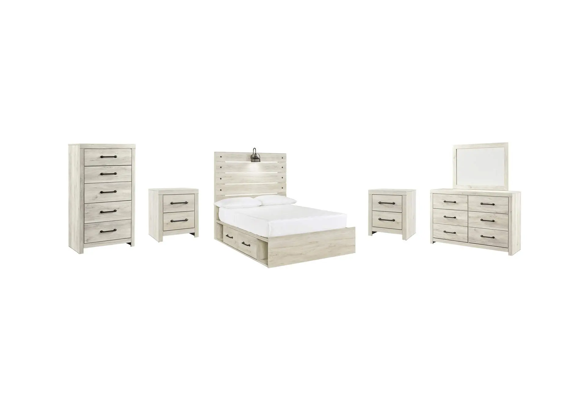 Cambeck Full Panel Bed with 2 Storage Drawers with Mirrored Dresser, Chest and 2 Nightstands