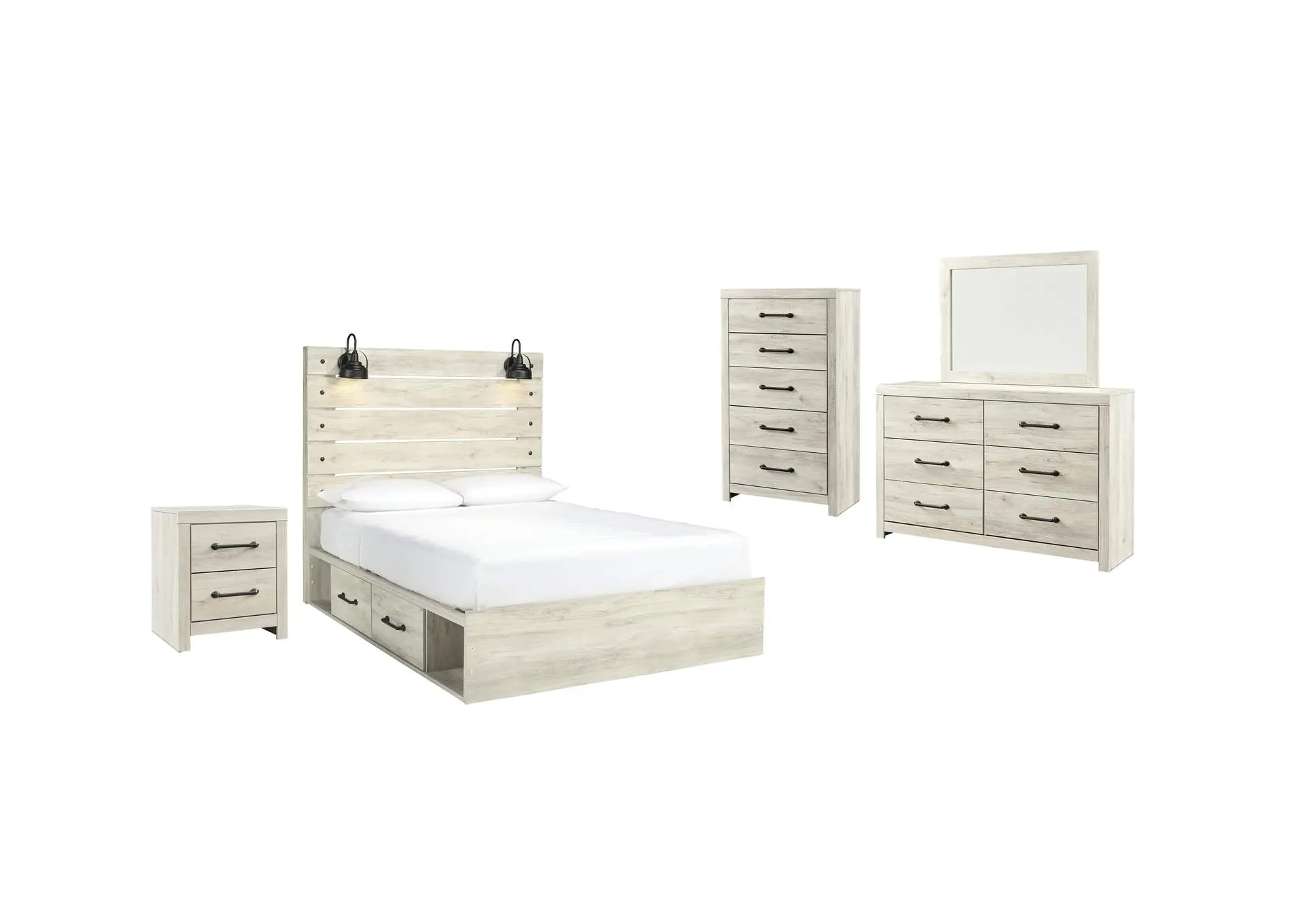 Cambeck Queen Panel Bed with 2 Storage Drawers with Mirrored Dresser, Chest and Nightstand