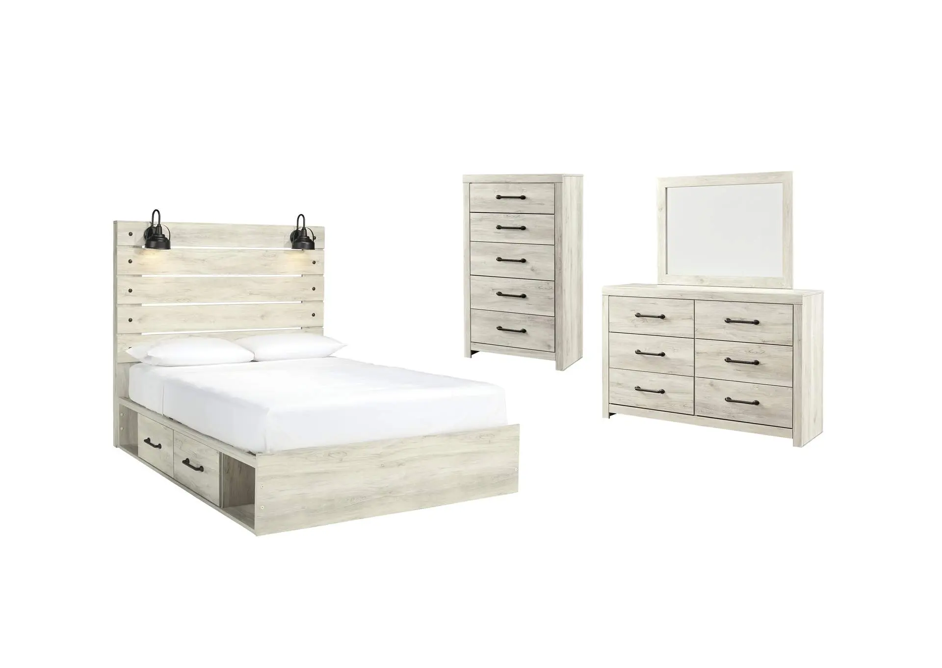 Cambeck Queen Panel Bed with 2 Storage Drawers with Mirrored Dresser and Chest