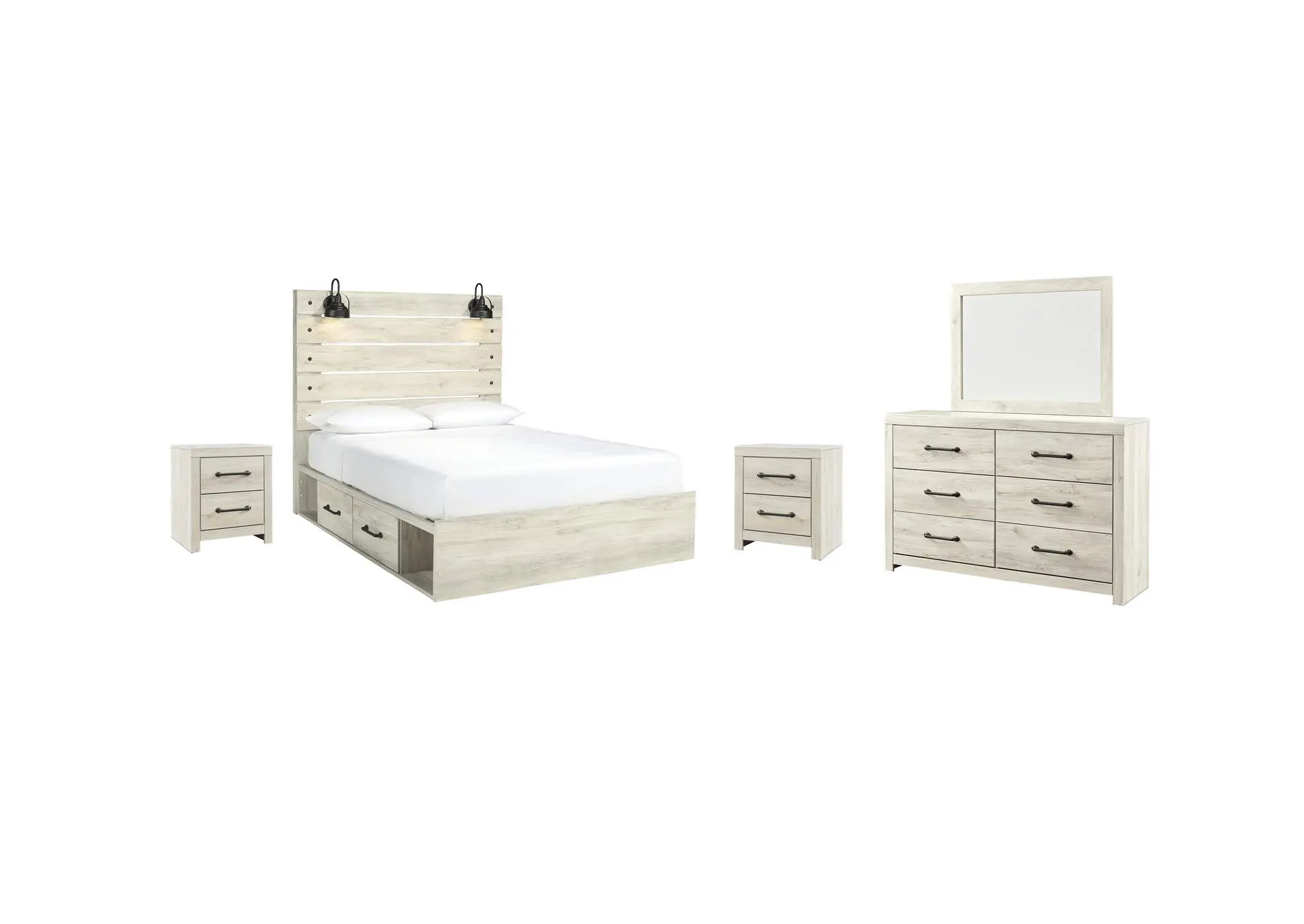 Cambeck Queen Panel Bed with 2 Storage Drawers with Mirrored Dresser and 2 Nightstands